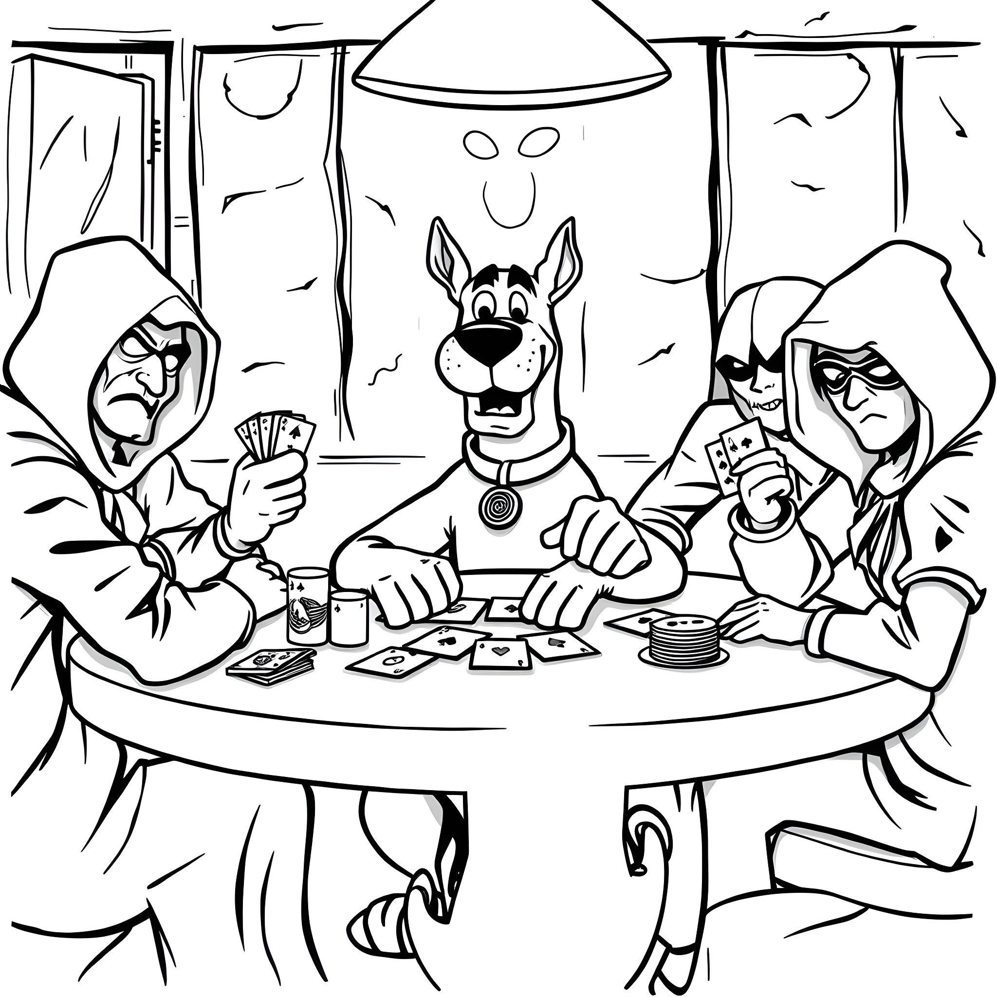 Scooby Doo and friends playing poker in the hideout Coloring Page (free black-and-white line drawing printable PDF for all, from beginners to advanced learners, including children, teens, adults, and seniors)