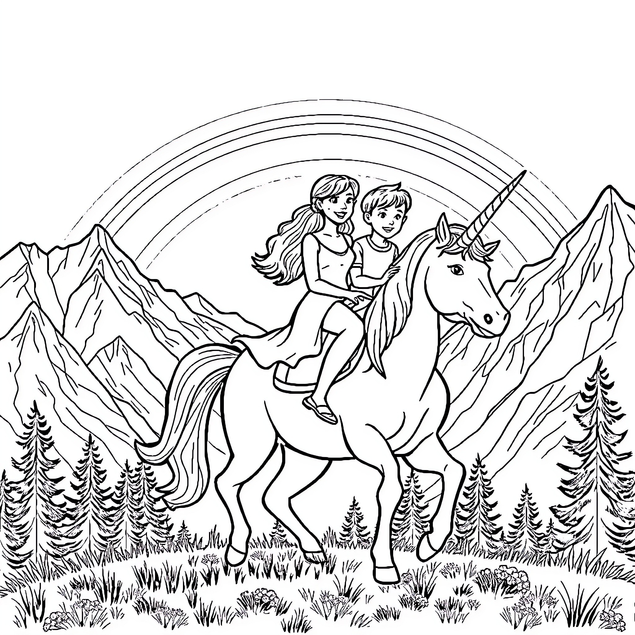 Unicorn Adventure in the Enchanted Mountains Coloring Page (free black-and-white line drawing printable PDF for all, from beginners to advanced learners, including children, teens, adults, and seniors)