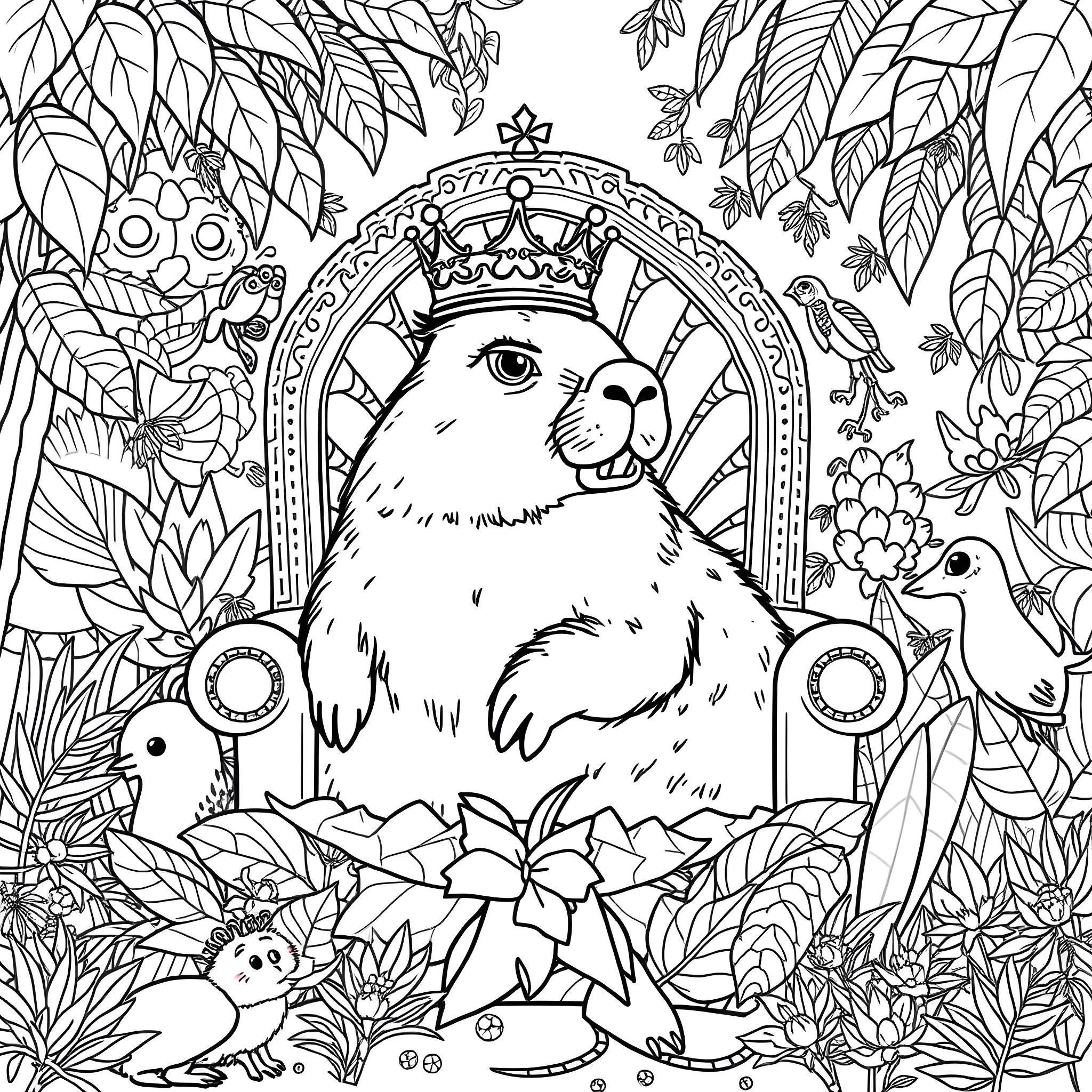 Capybara crowned king of the forest Coloring Page (free black-and-white line drawing printable PDF for all, from beginners to advanced learners, including children, teens, adults, and seniors)