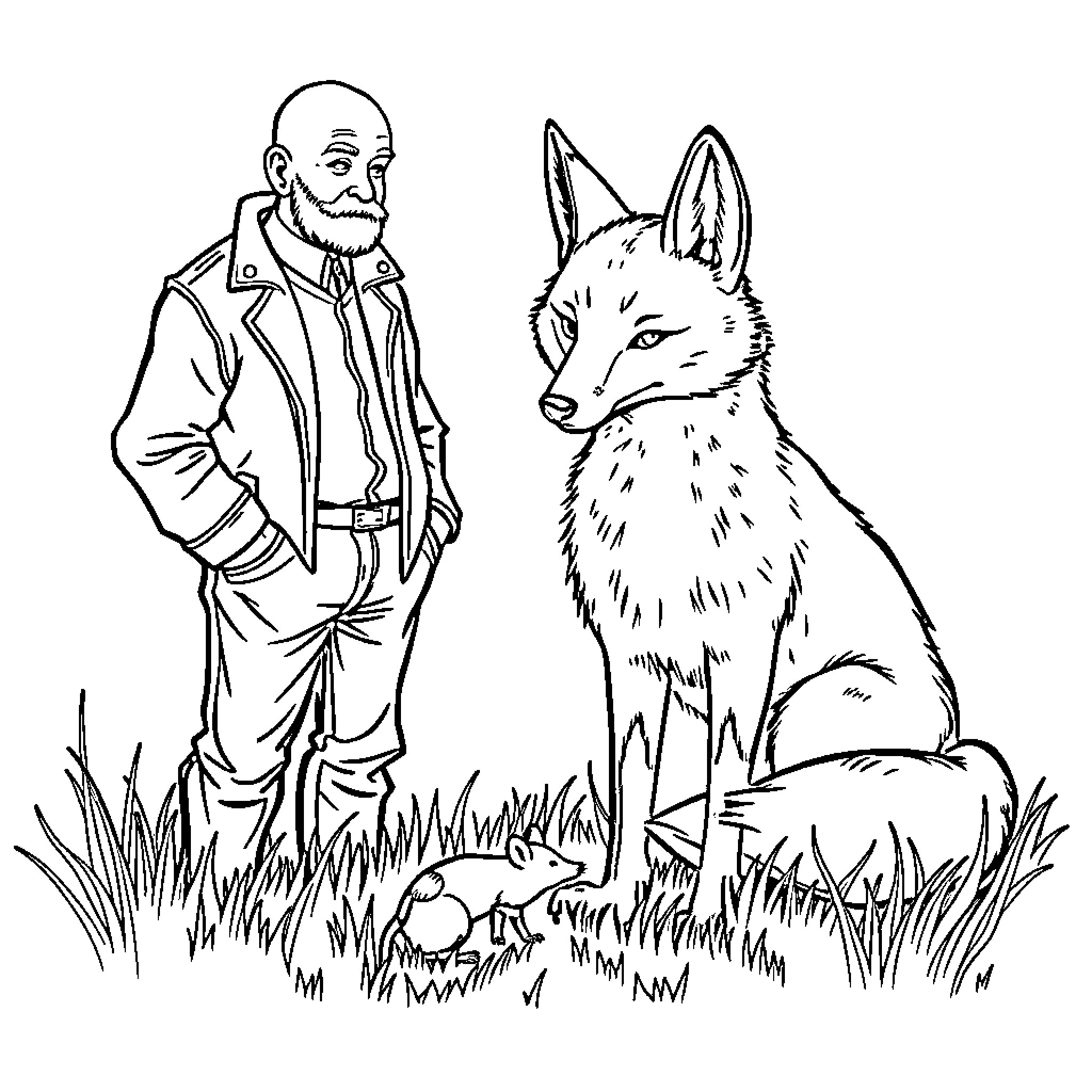 Man and Curious Fox in Grassy Meadow Coloring Page (free black-and-white line drawing printable PDF for all, from beginners to advanced learners, including children, teens, adults, and seniors)