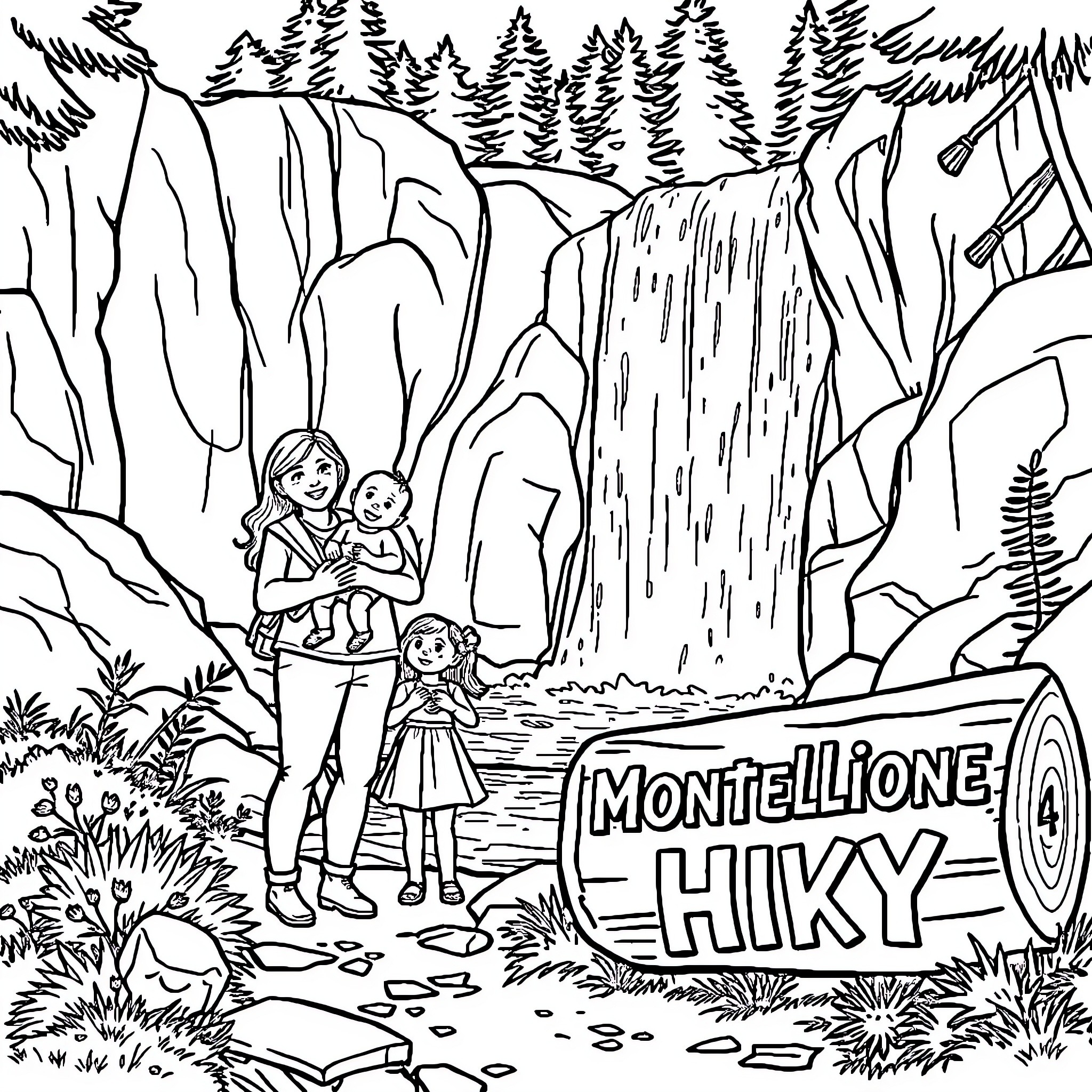 Family Exploring Scenic Mountain Landscape Coloring Page (free black-and-white line drawing printable PDF for all, from beginners to advanced learners, including children, teens, adults, and seniors)