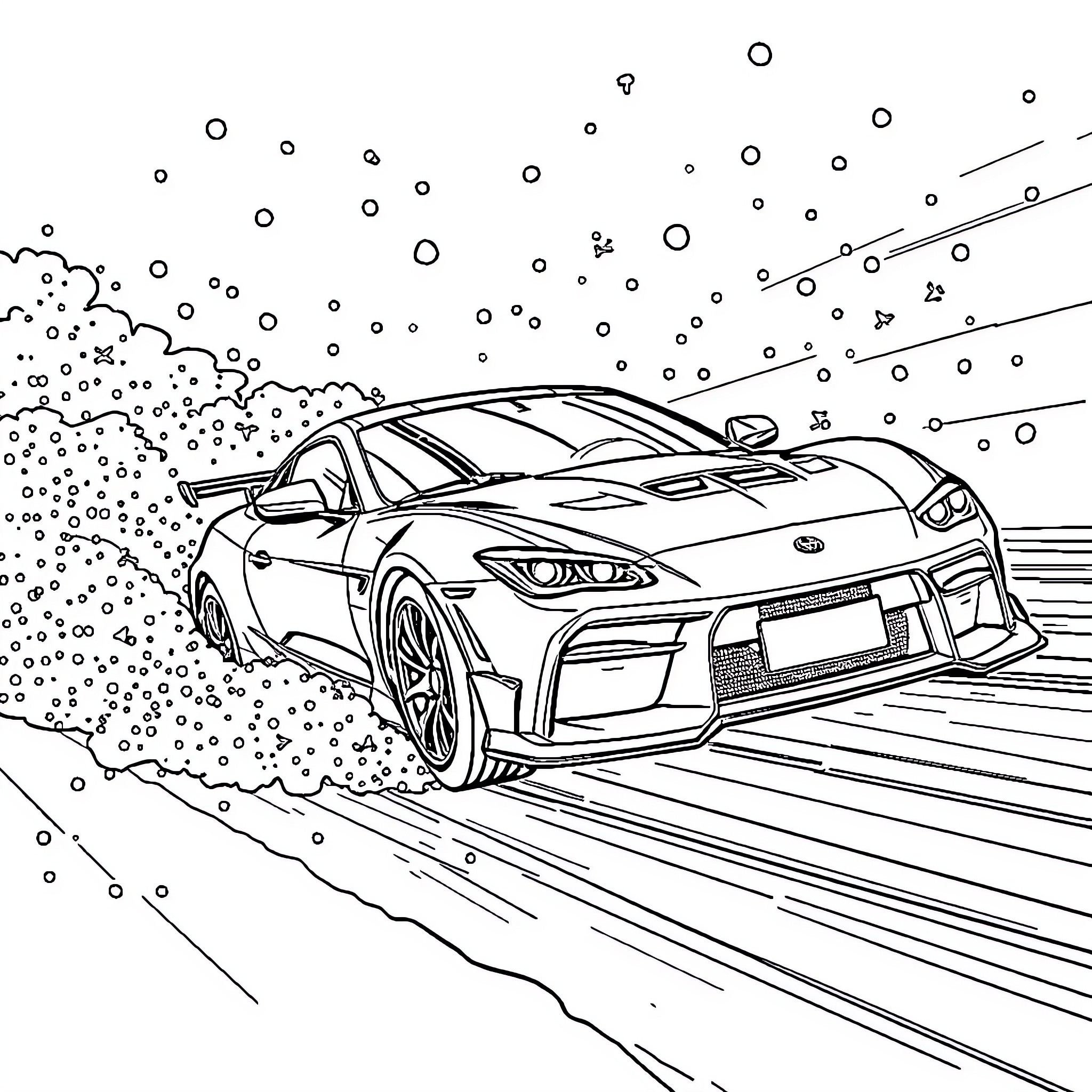 Car speeding through the snowy landscape Coloring Page (free black-and-white line drawing printable PDF for all, from beginners to advanced learners, including children, teens, adults, and seniors)
