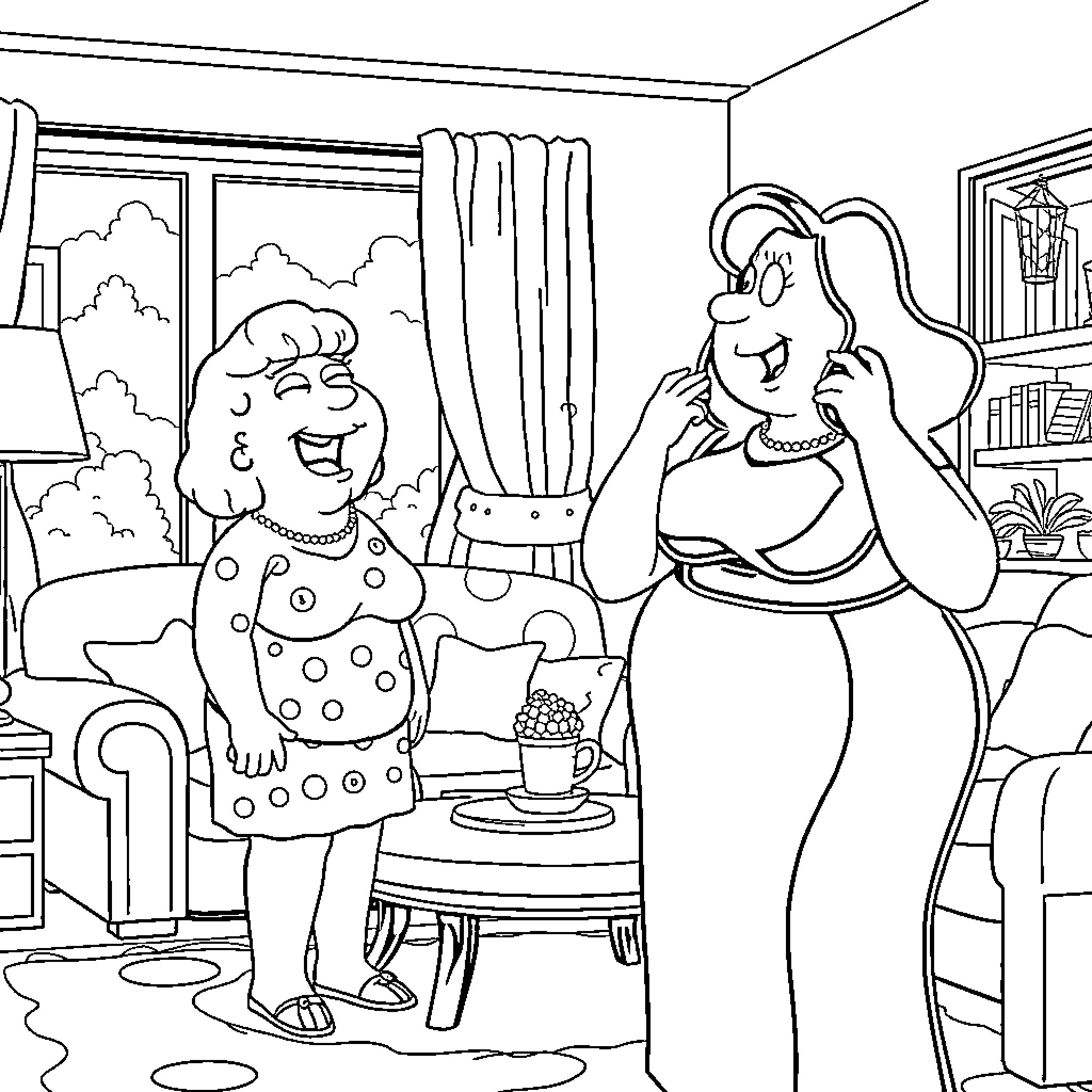 Lois and her friend enjoying afternoon tea Coloring Page (free black-and-white line drawing printable PDF for all, from beginners to advanced learners, including children, teens, adults, and seniors)