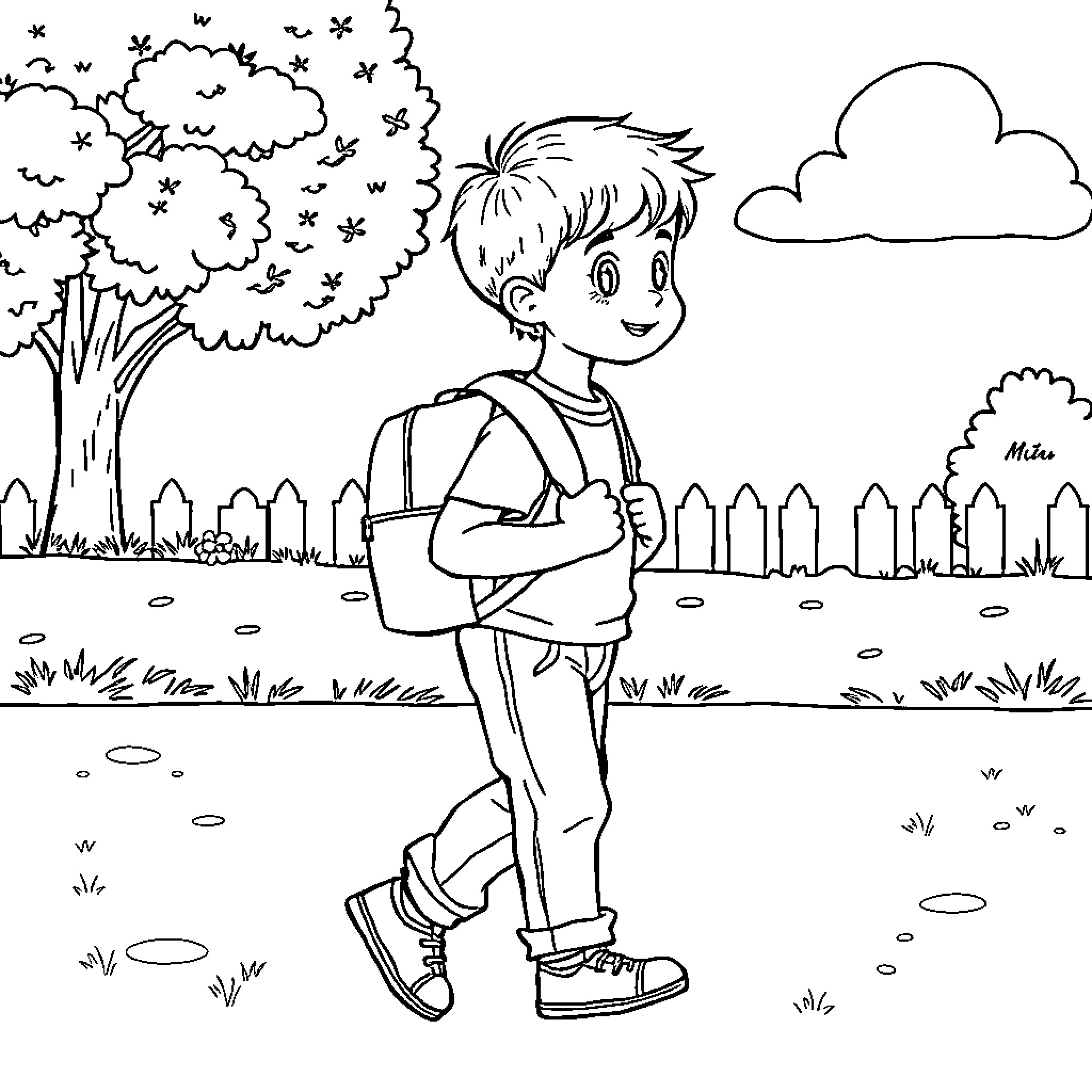 Boy exploring the nature outdoors Coloring Page (free black-and-white line drawing printable PDF for all, from beginners to advanced learners, including children, teens, adults, and seniors)