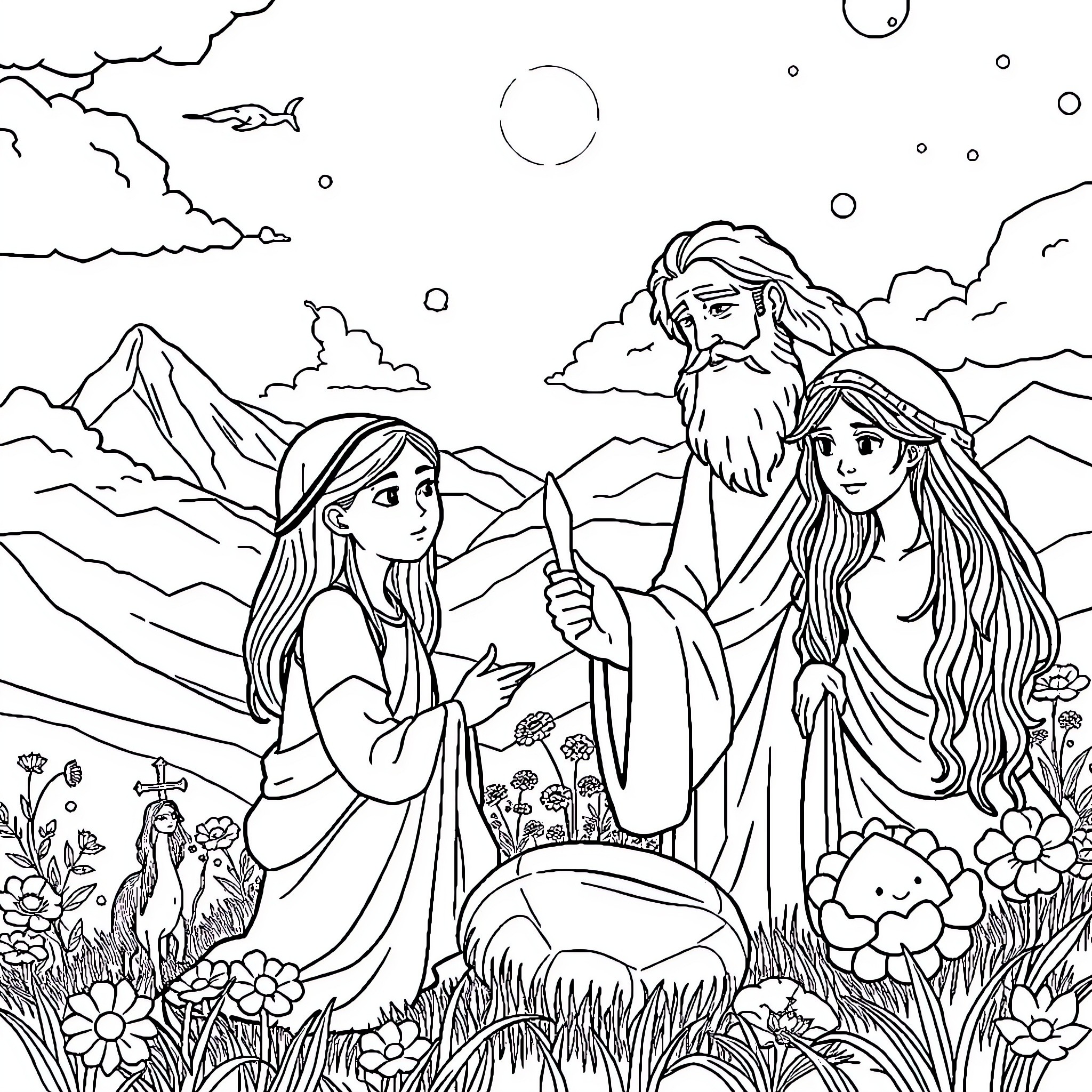 Biblical Characters in Serene Outdoor Setting Coloring Page (free black-and-white line drawing printable PDF for all, from beginners to advanced learners, including children, teens, adults, and seniors)