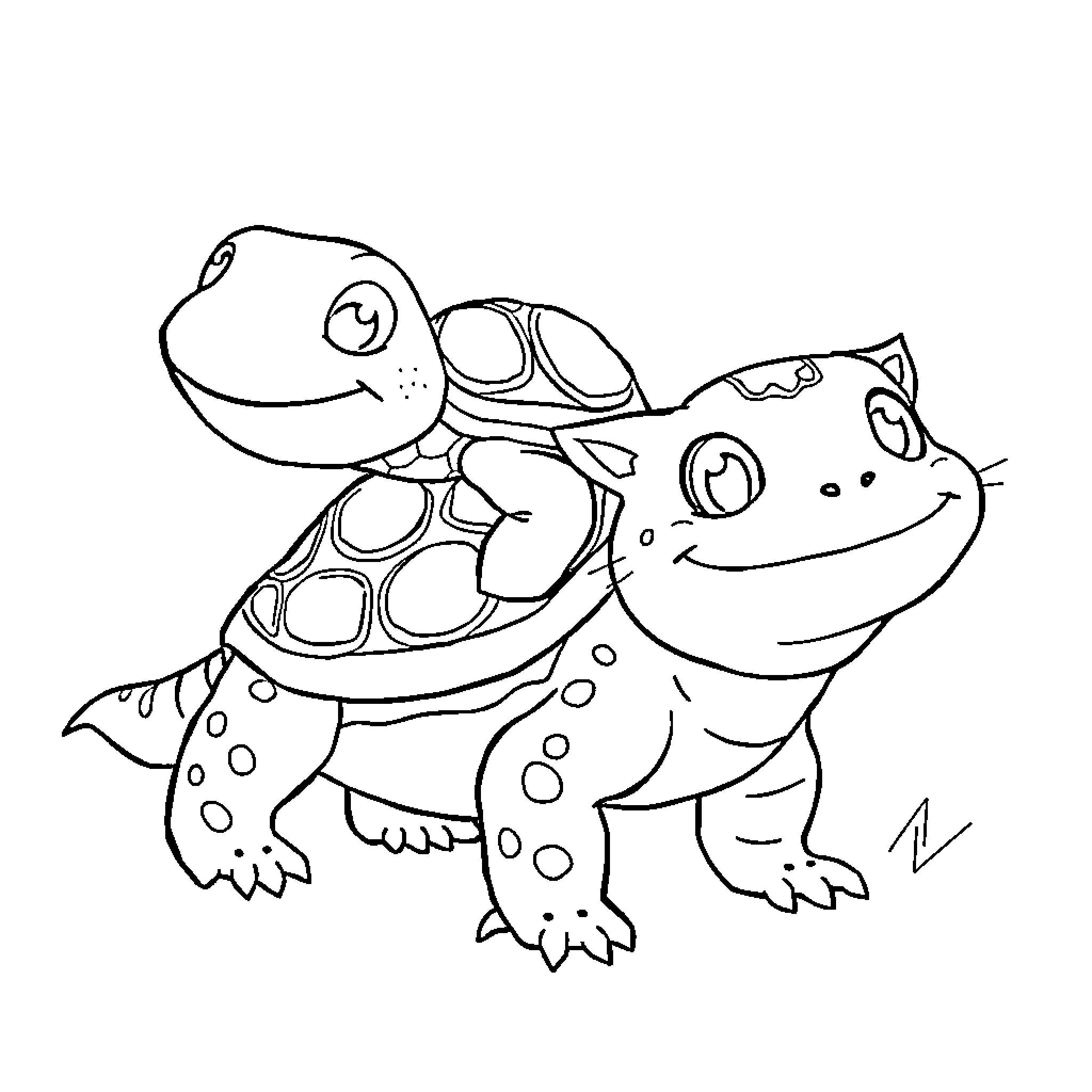 Turtles playing together cheerfully Coloring Page (free black-and-white line drawing printable PDF for all, from beginners to advanced learners, including children, teens, adults, and seniors)