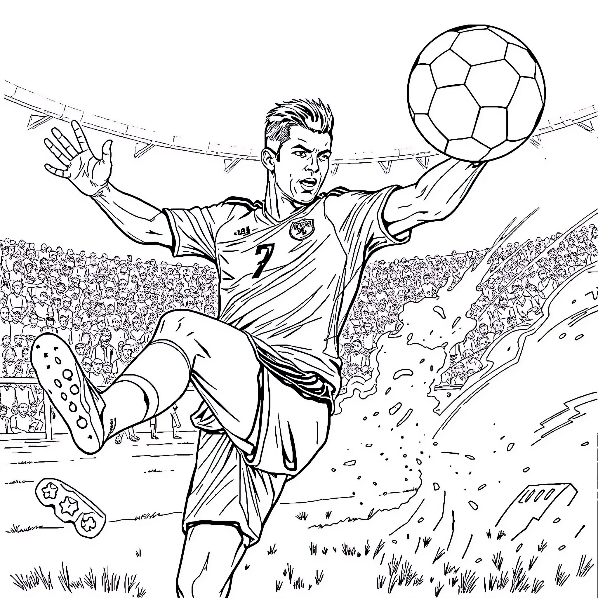 Ronaldo's Energetic Soccer Performance on the Field Coloring Page (free black-and-white line drawing printable PDF for all, from beginners to advanced learners, including children, teens, adults, and seniors)