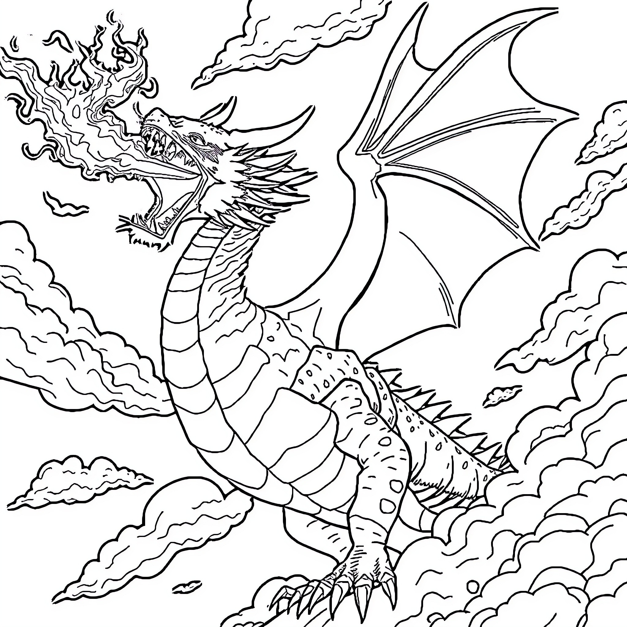 Dragon unleashing fiery breath amid swirling clouds Coloring Page (free black-and-white line drawing printable PDF for all, from beginners to advanced learners, including children, teens, adults, and seniors)