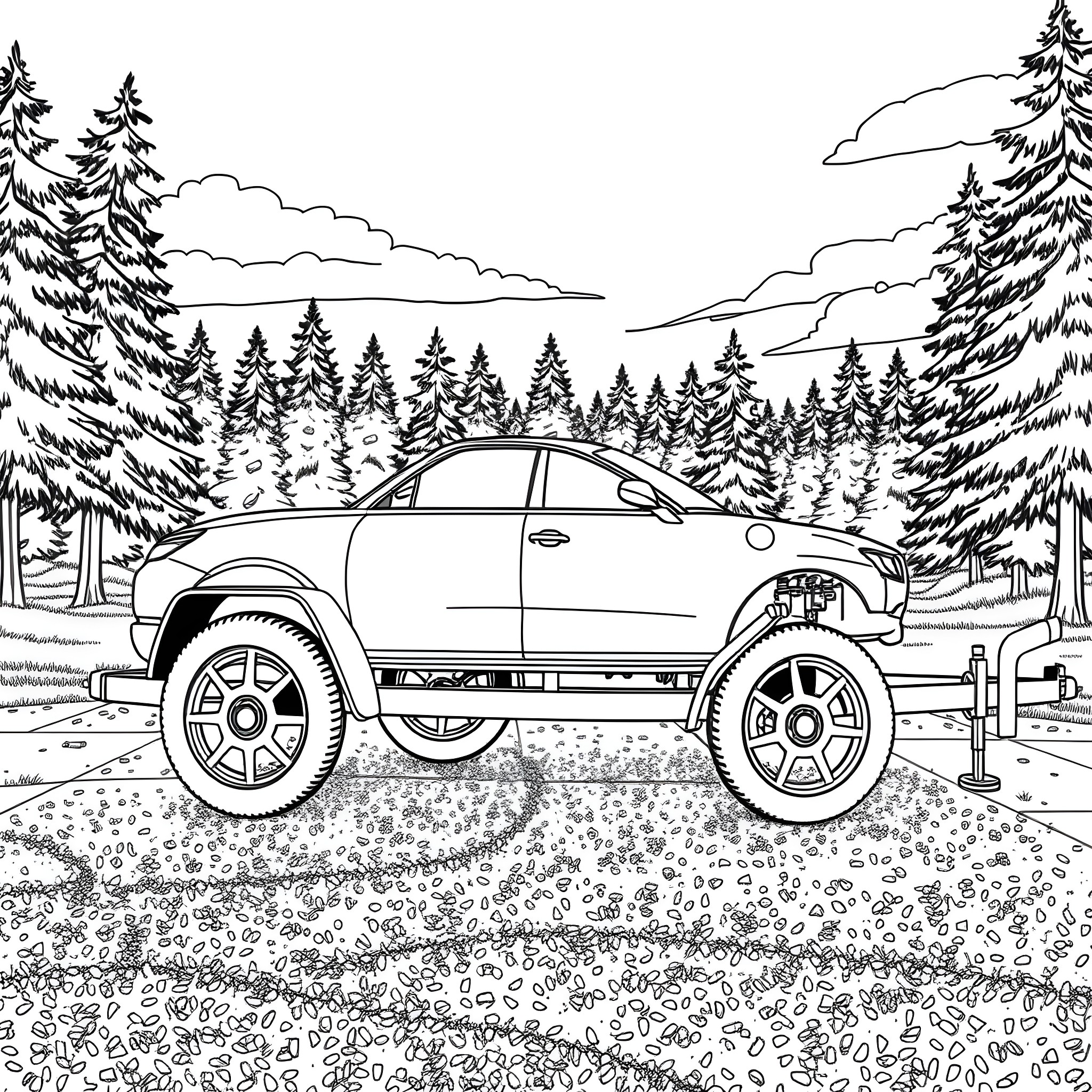Car Trailer on a Rugged Terrain Coloring Page (free black-and-white line drawing printable PDF for all, from beginners to advanced learners, including children, teens, adults, and seniors)