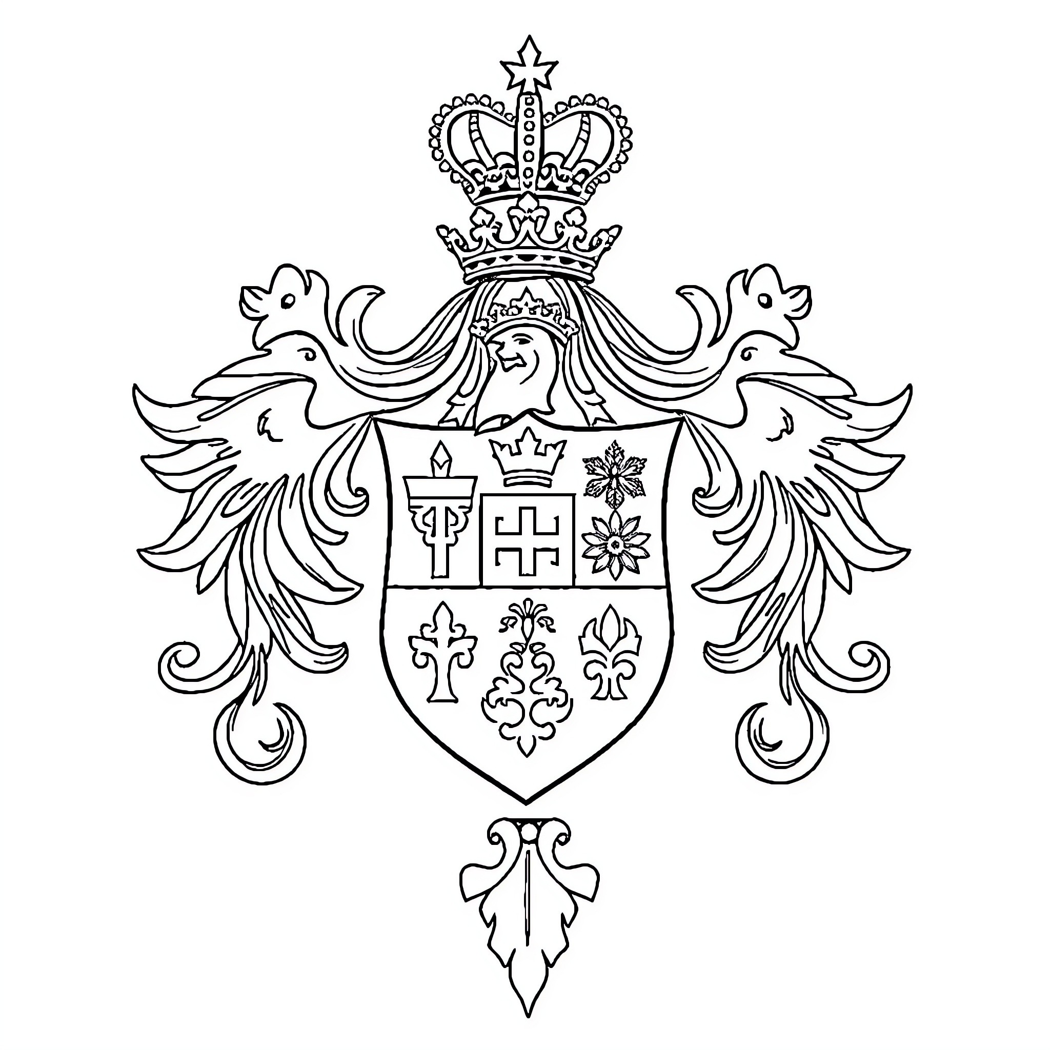 Coat of Arms with Symbolic Elements and Ornate Design Coloring Page (free black-and-white line drawing printable PDF for all, from beginners to advanced learners, including children, teens, adults, and seniors)