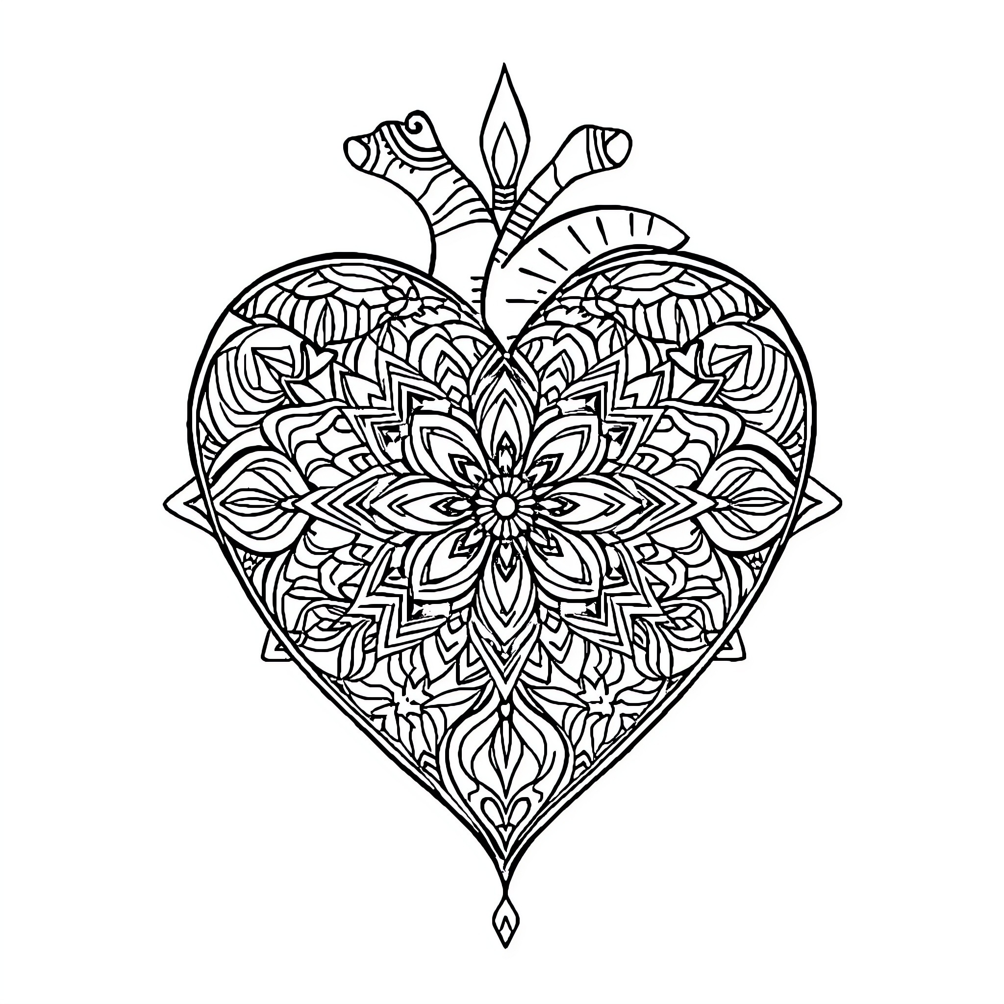 Heart-shaped mandala with intricate floral design Coloring Page (free black-and-white line drawing printable PDF for all, from beginners to advanced learners, including children, teens, adults, and seniors)