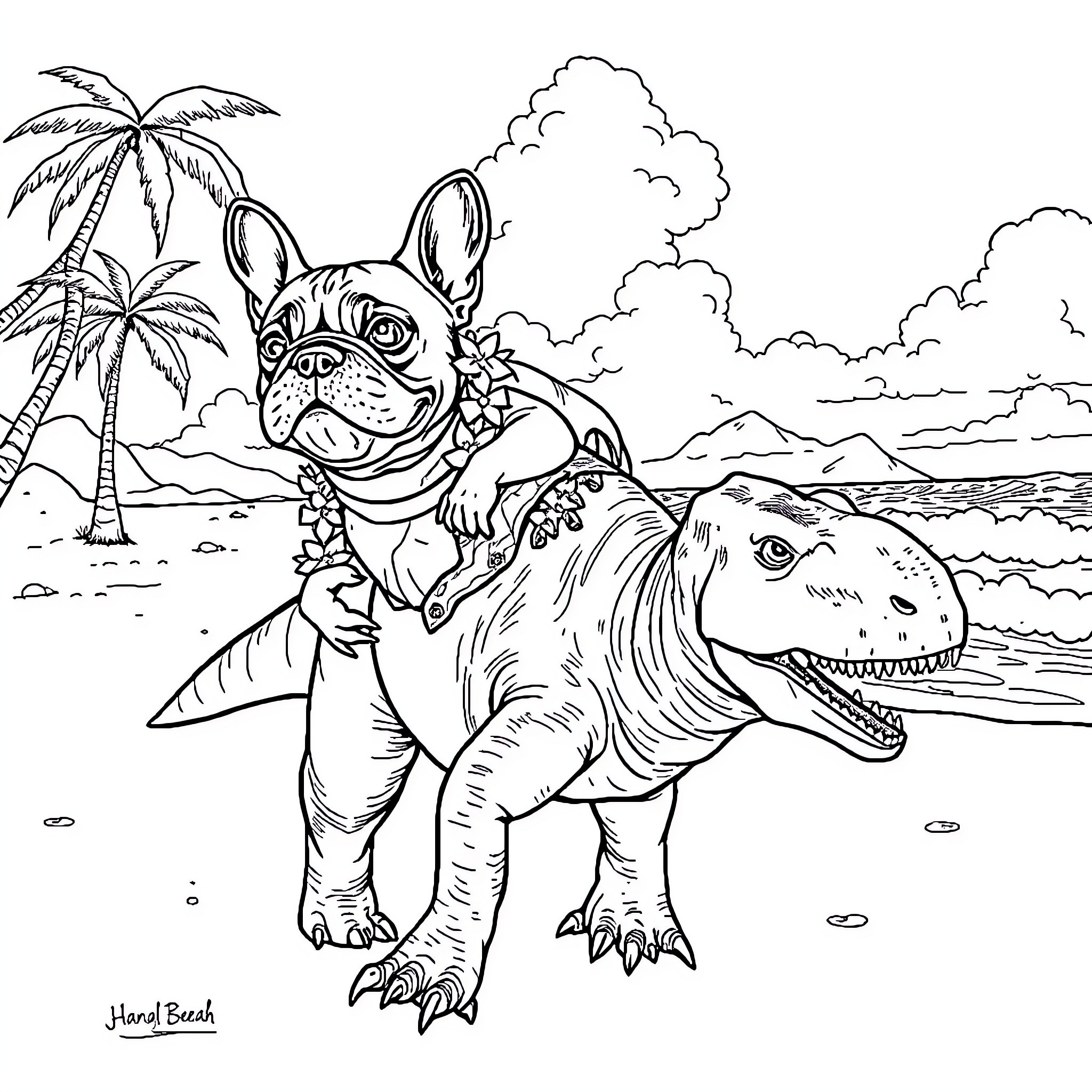 French Bulldog riding a dinosaur on the beach Coloring Page (free black-and-white line drawing printable PDF for all, from beginners to advanced learners, including children, teens, adults, and seniors)