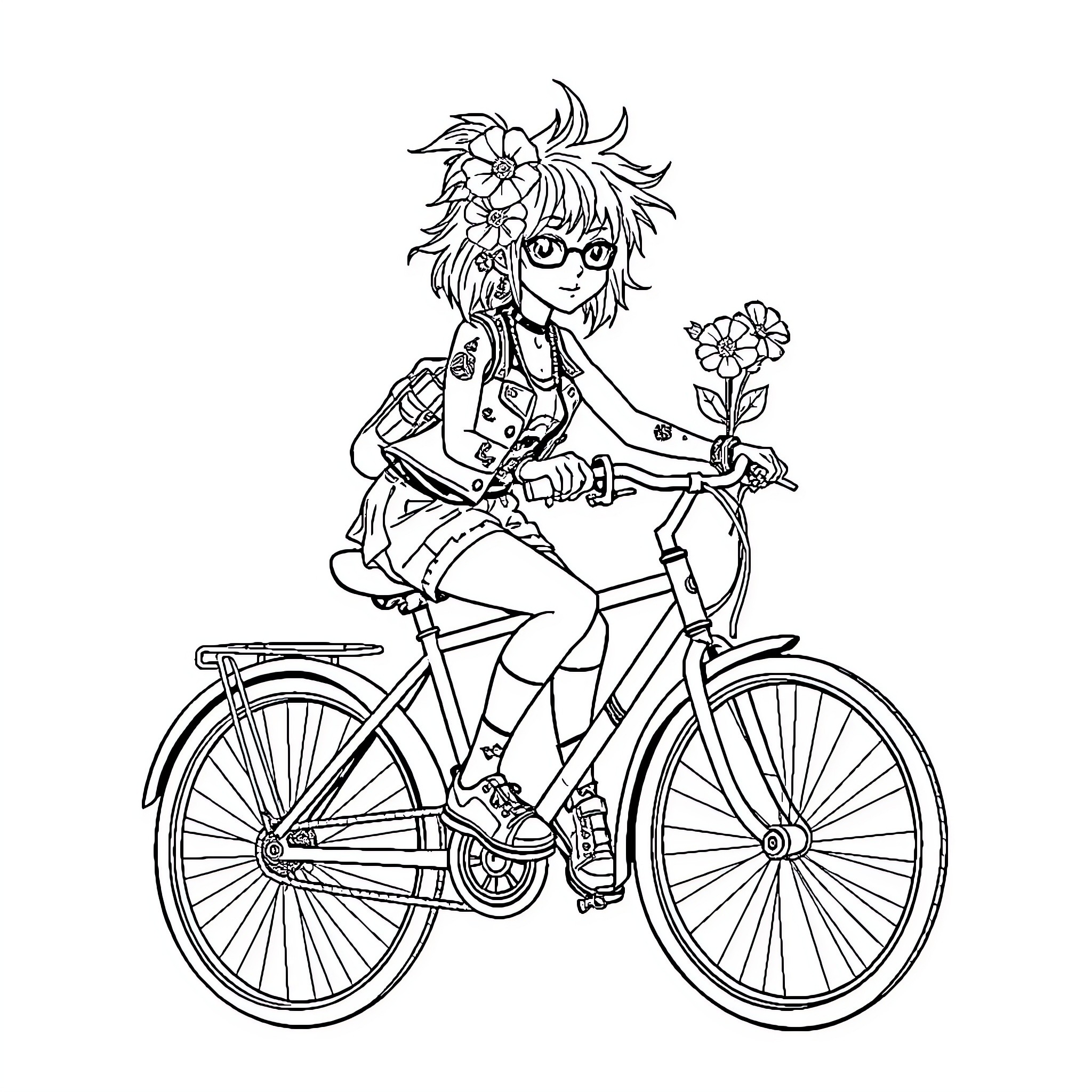Punk Girl Riding Bicycle with Flowers Coloring Page (free black-and-white line drawing printable PDF for all, from beginners to advanced learners, including children, teens, adults, and seniors)