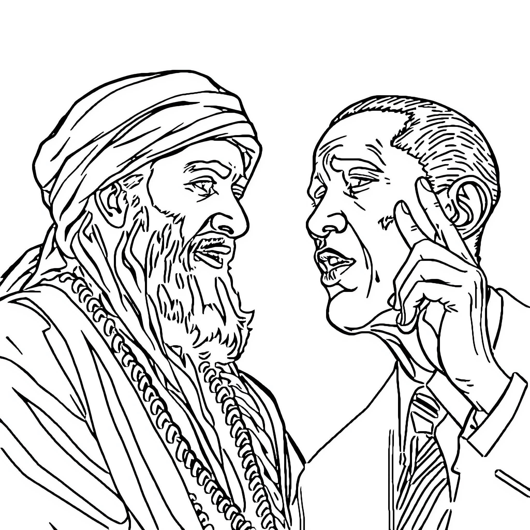 Osama's Heated Debate with Political Opponent Coloring Page (free black-and-white line drawing printable PDF for all, from beginners to advanced learners, including children, teens, adults, and seniors)