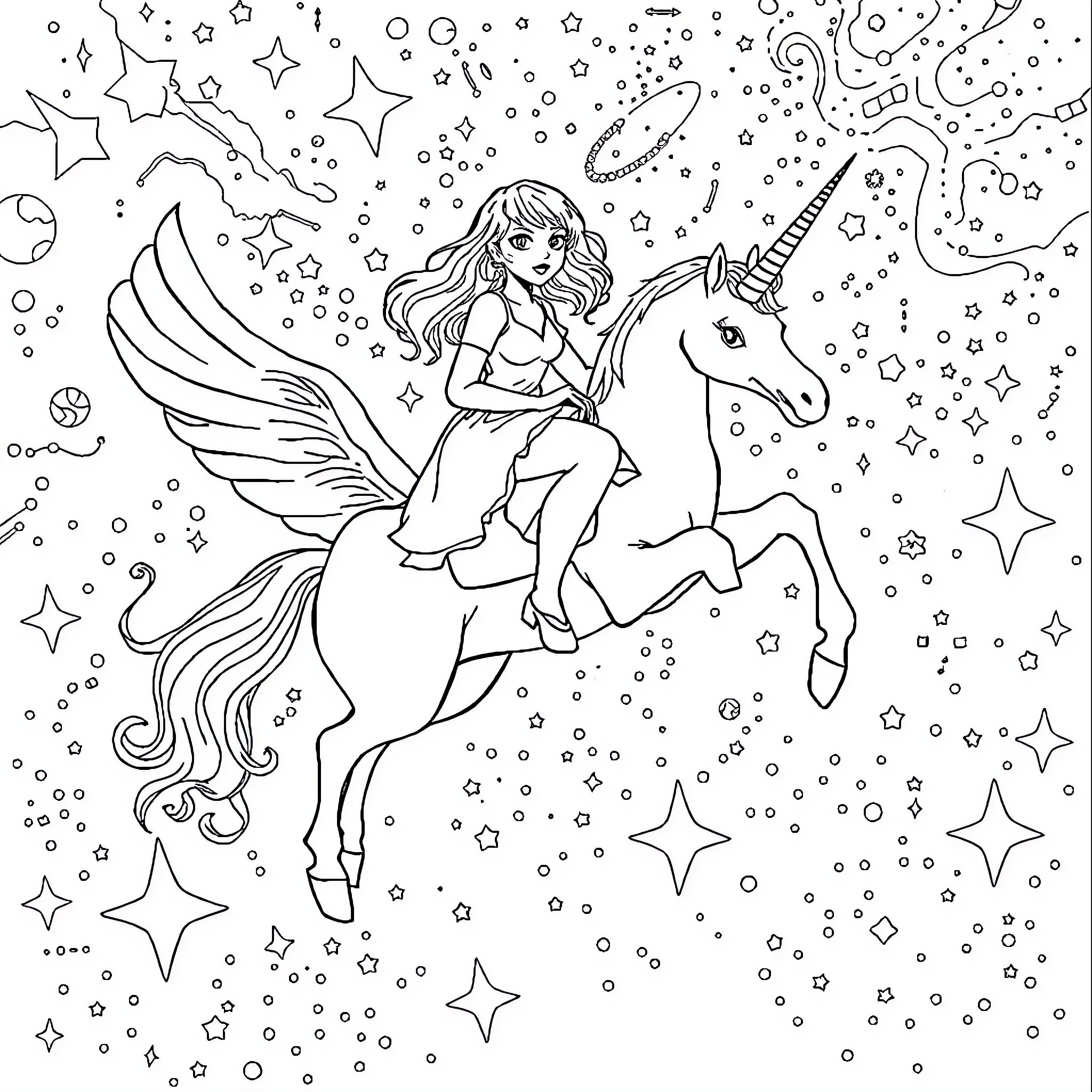 Taylor Swift riding a magical unicorn in a starry night Coloring Page (free black-and-white line drawing printable PDF for all, from beginners to advanced learners, including children, teens, adults, and seniors)
