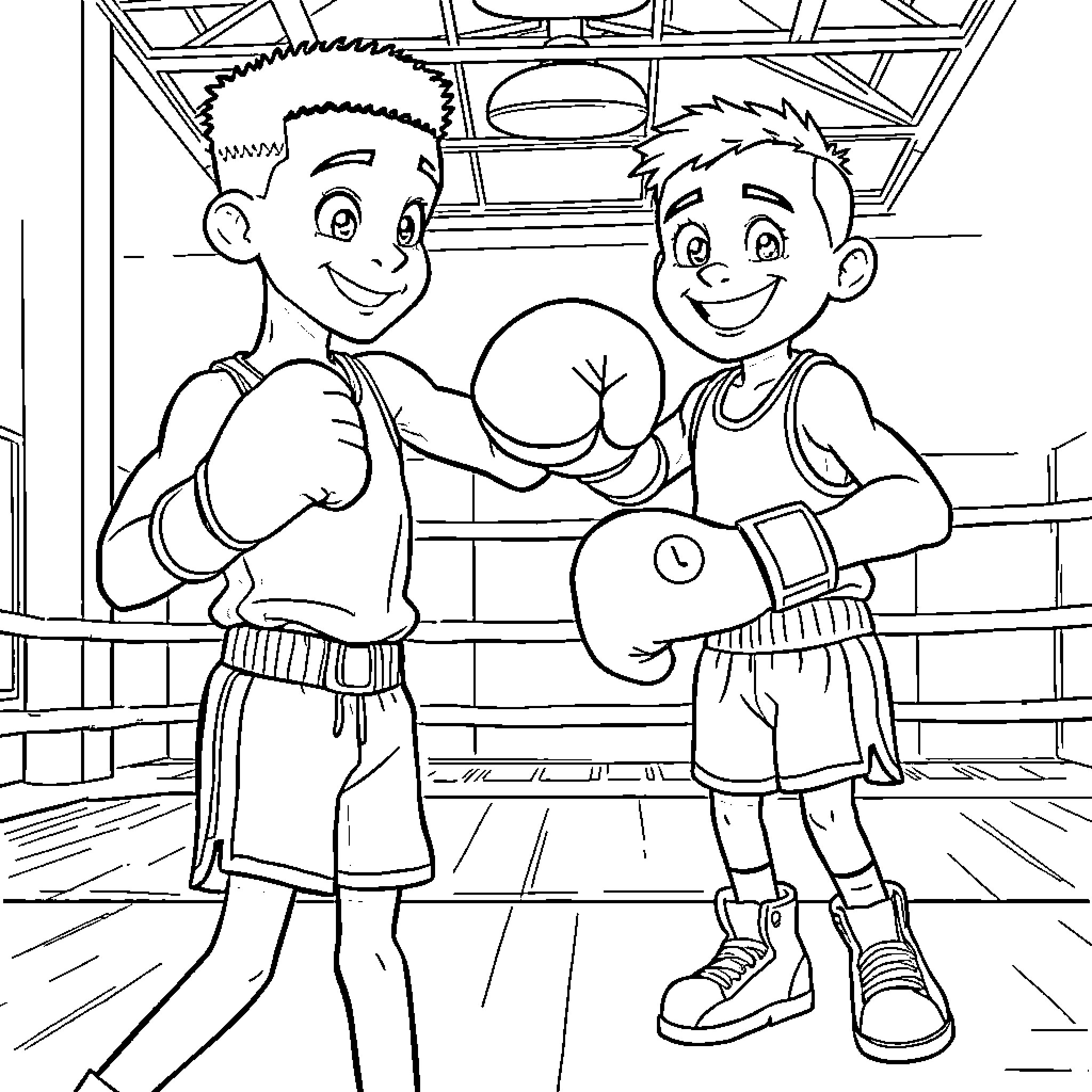 Boxer Duo Celebrate Victory in the Ring Coloring Page (free black-and-white line drawing printable PDF for all, from beginners to advanced learners, including children, teens, adults, and seniors)