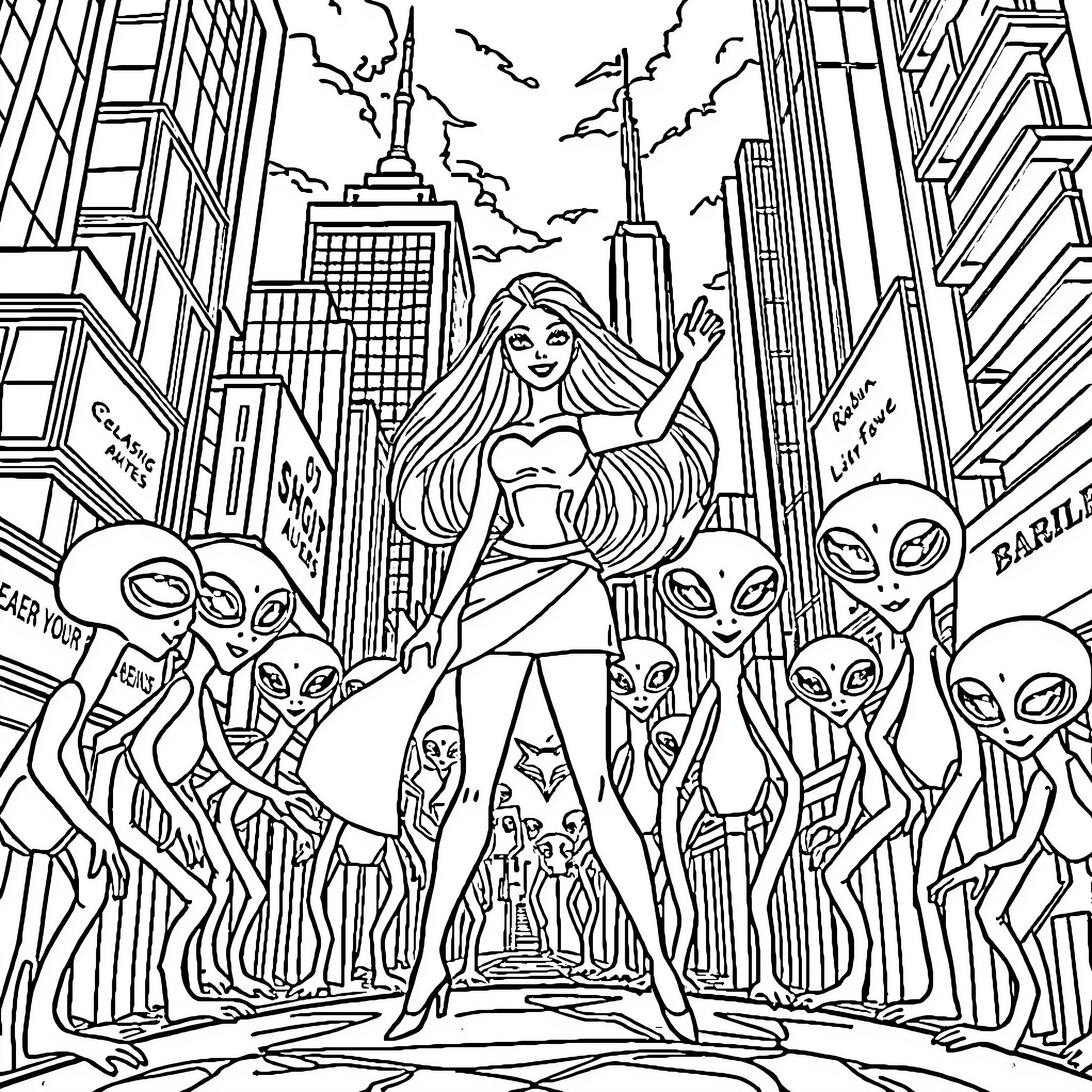 Barbie's Intergalactic Adventure in the City Coloring Page (free black-and-white line drawing printable PDF for all, from beginners to advanced learners, including children, teens, adults, and seniors)