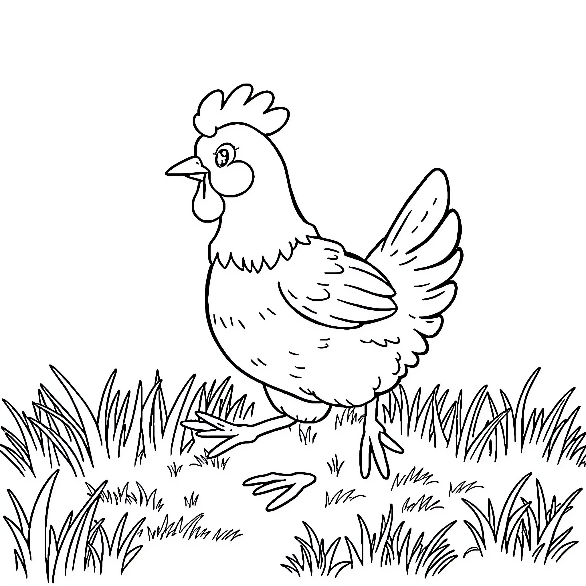 Chicken walking in the grass Coloring Page (free black-and-white line drawing printable PDF for all, from beginners to advanced learners, including children, teens, adults, and seniors)