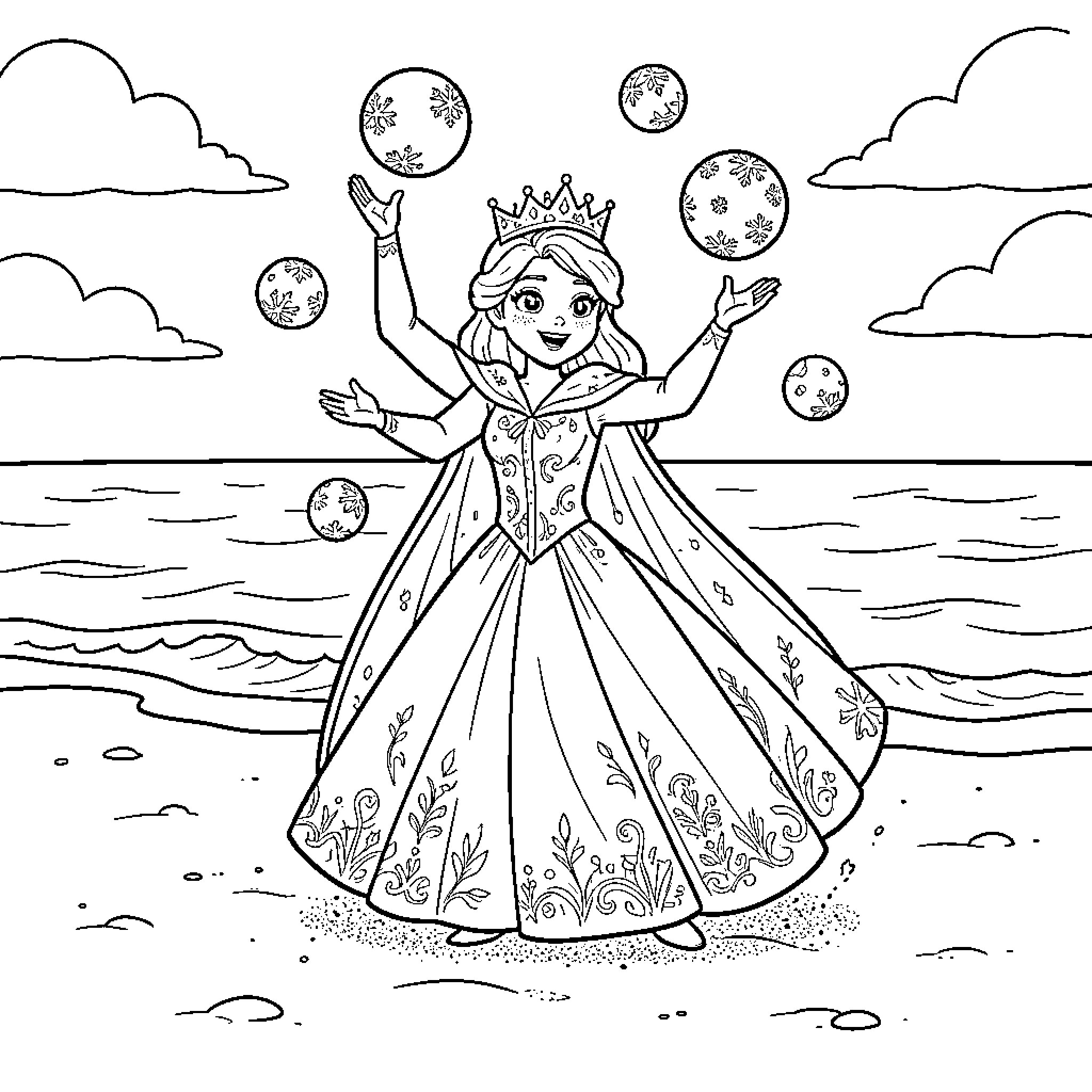 Queen juggling magic spheres on a peaceful beach Coloring Page (free black-and-white line drawing printable PDF for all, from beginners to advanced learners, including children, teens, adults, and seniors)