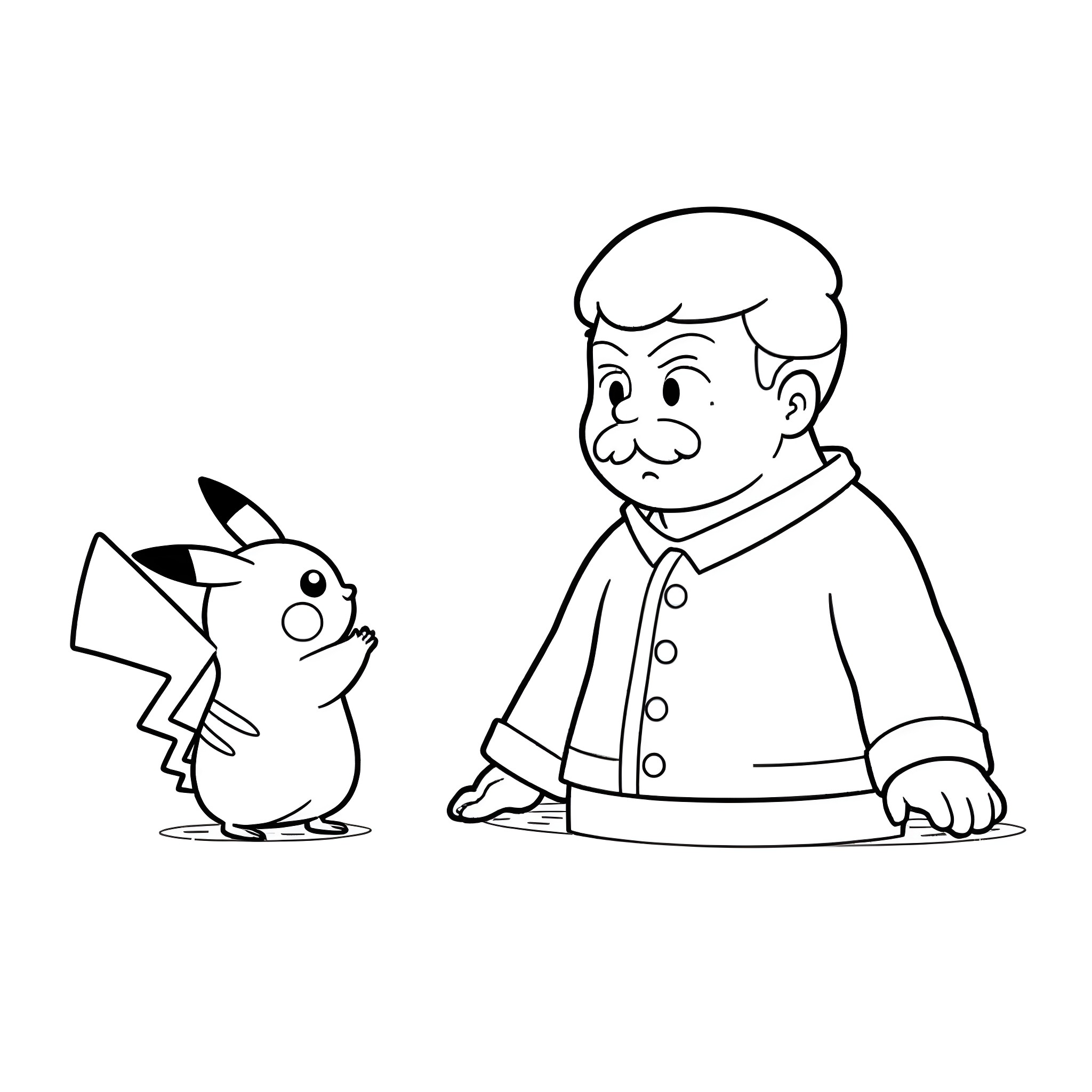 Pikachu and the surprised man Coloring Page (free black-and-white line drawing printable PDF for all, from beginners to advanced learners, including children, teens, adults, and seniors)