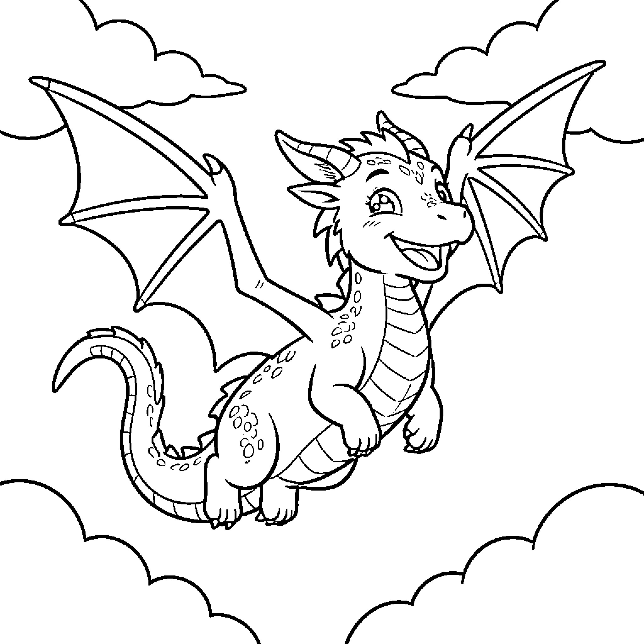 Dragon soaring joyfully among the clouds Coloring Page (free black-and-white line drawing printable PDF for all, from beginners to advanced learners, including children, teens, adults, and seniors)