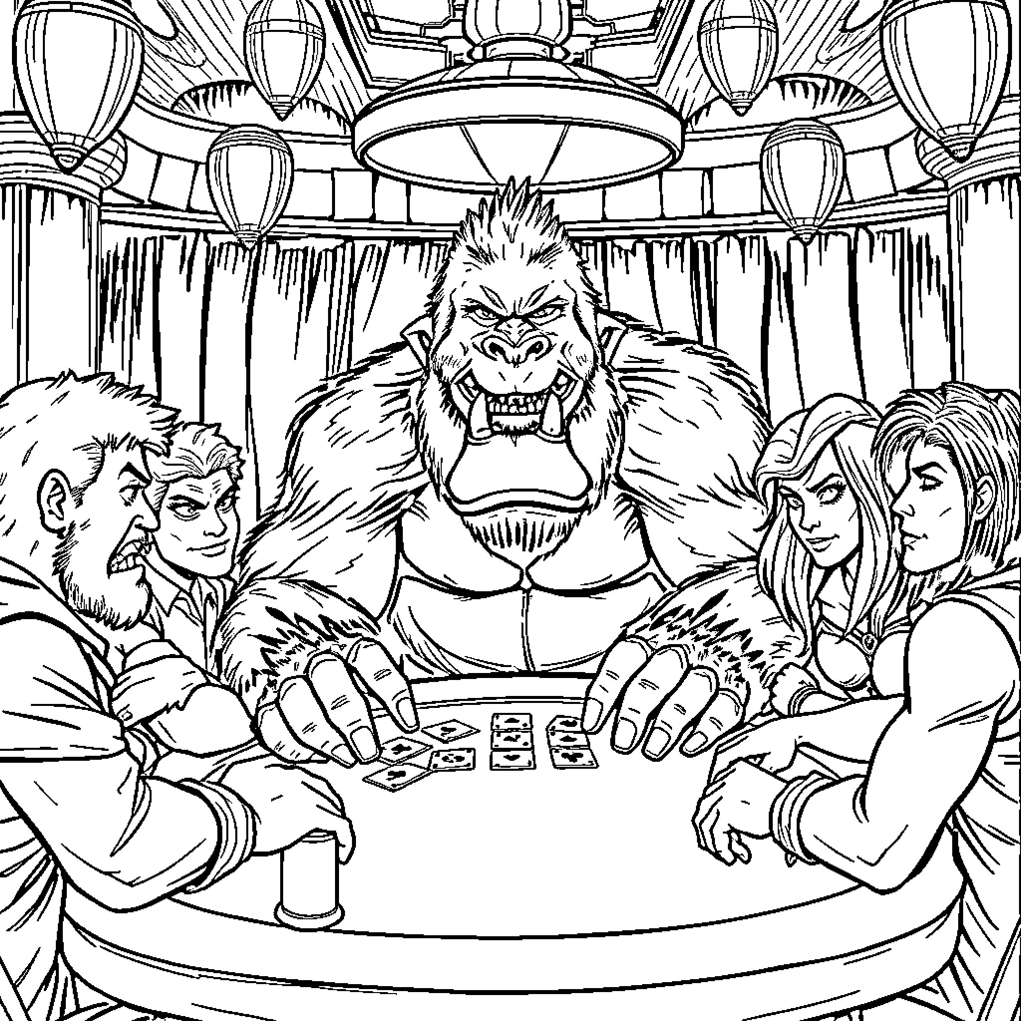 King Kong Playing Cards with Humans in a Luxurious Lounge Coloring Page (free black-and-white line drawing printable PDF for all, from beginners to advanced learners, including children, teens, adults, and seniors)
