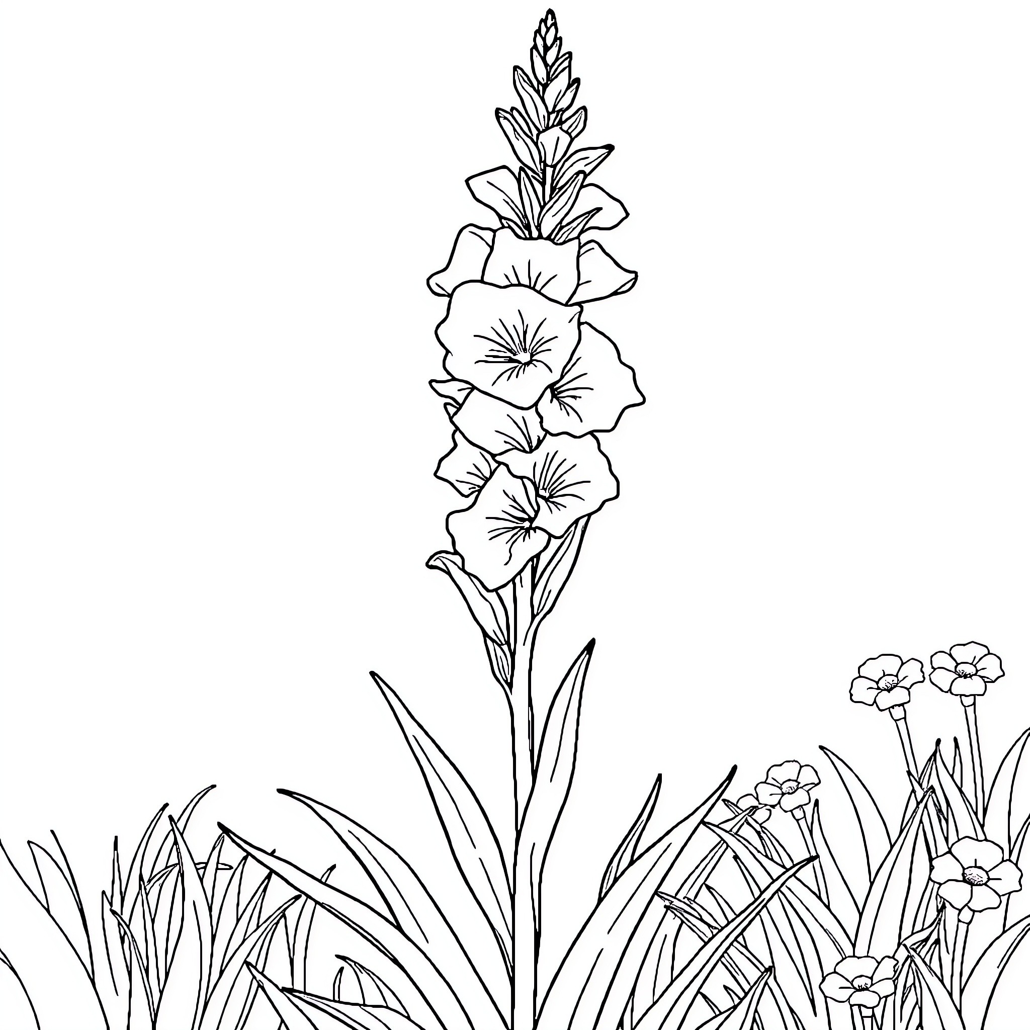 Gladiola blooming in a floral garden Coloring Page (free black-and-white line drawing printable PDF for all, from beginners to advanced learners, including children, teens, adults, and seniors)