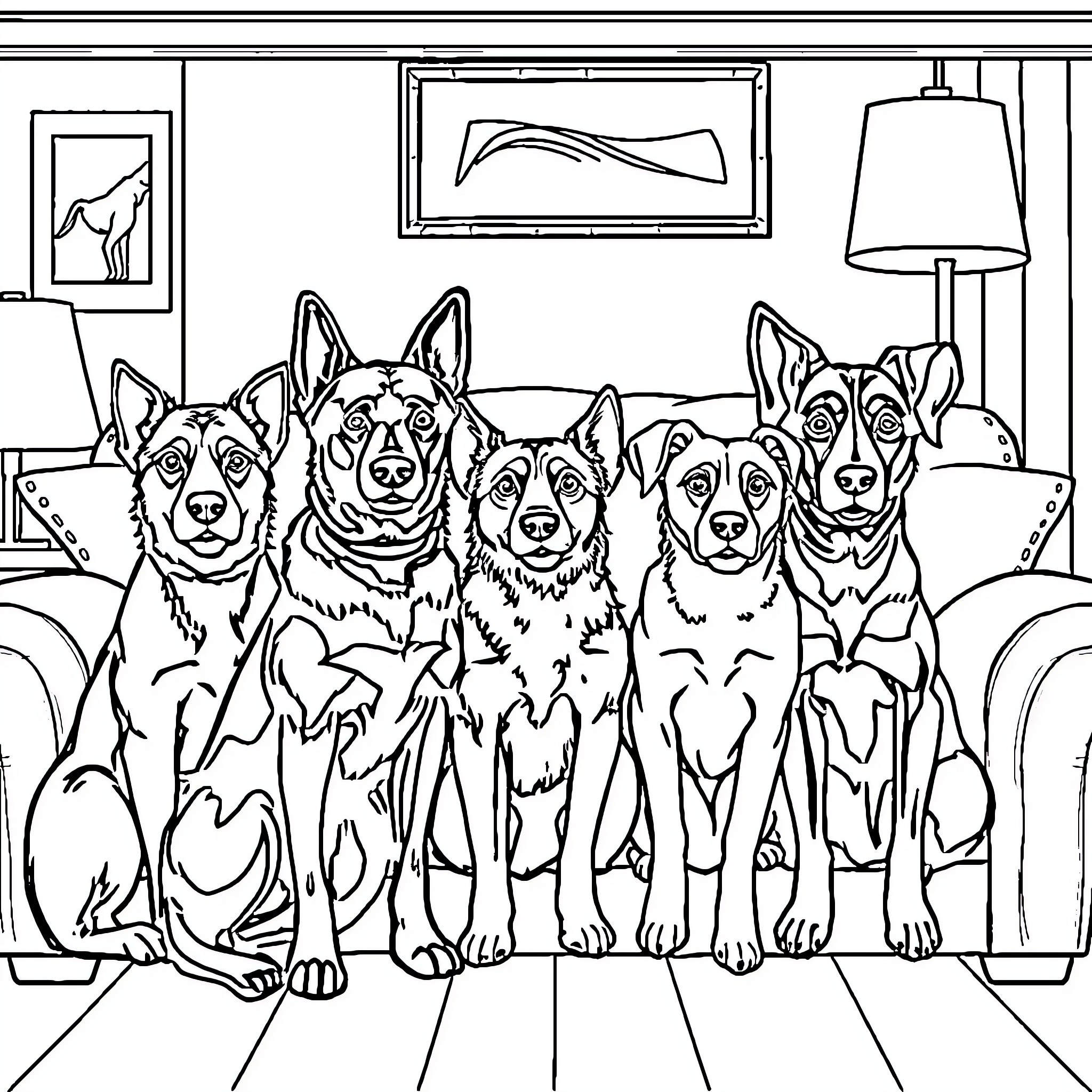 Dog friends gathered for a cozy indoor scene Coloring Page (free black-and-white line drawing printable PDF for all, from beginners to advanced learners, including children, teens, adults, and seniors)