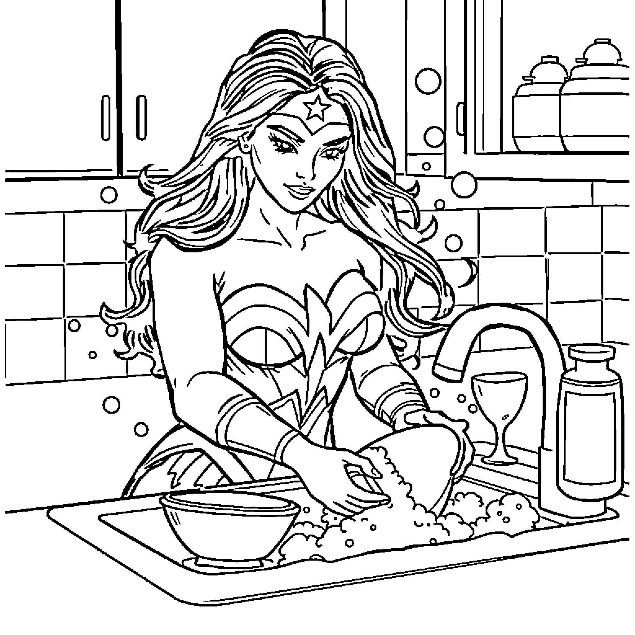Wonder Woman Cooking in the Kitchen Coloring Page (free black-and-white line drawing printable PDF for all, from beginners to advanced learners, including children, teens, adults, and seniors)