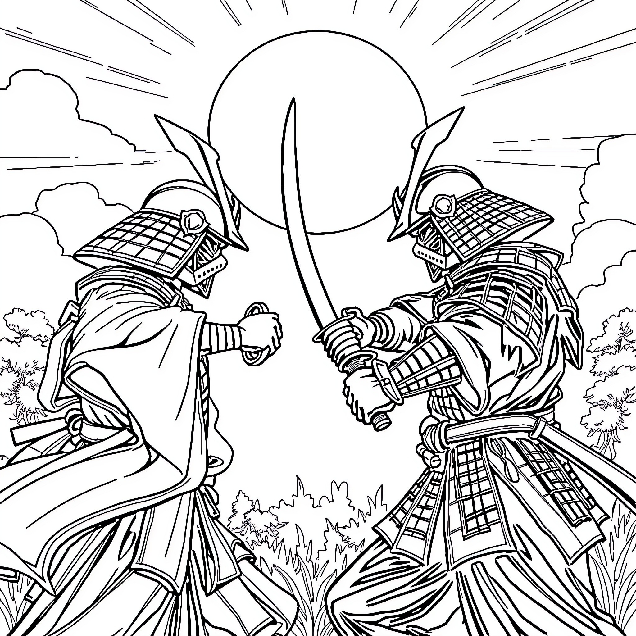 Samurai Duel at Sunset Coloring Page (free black-and-white line drawing printable PDF for all, from beginners to advanced learners, including children, teens, adults, and seniors)