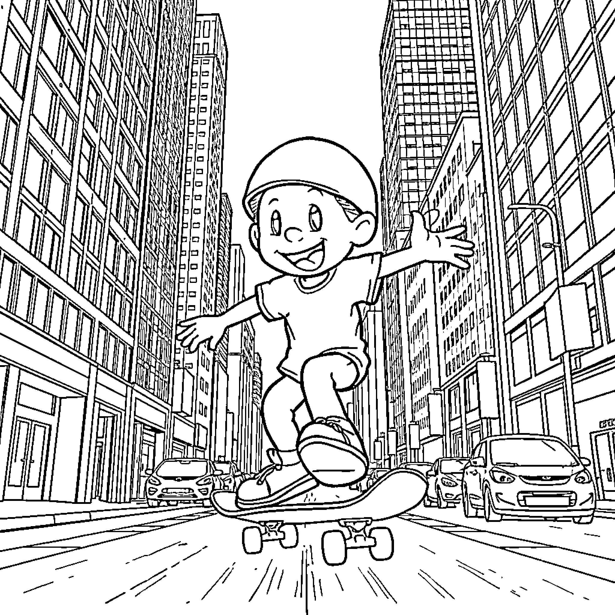 Bluey riding a skateboard through the city Coloring Page (free black-and-white line drawing printable PDF for all, from beginners to advanced learners, including children, teens, adults, and seniors)
