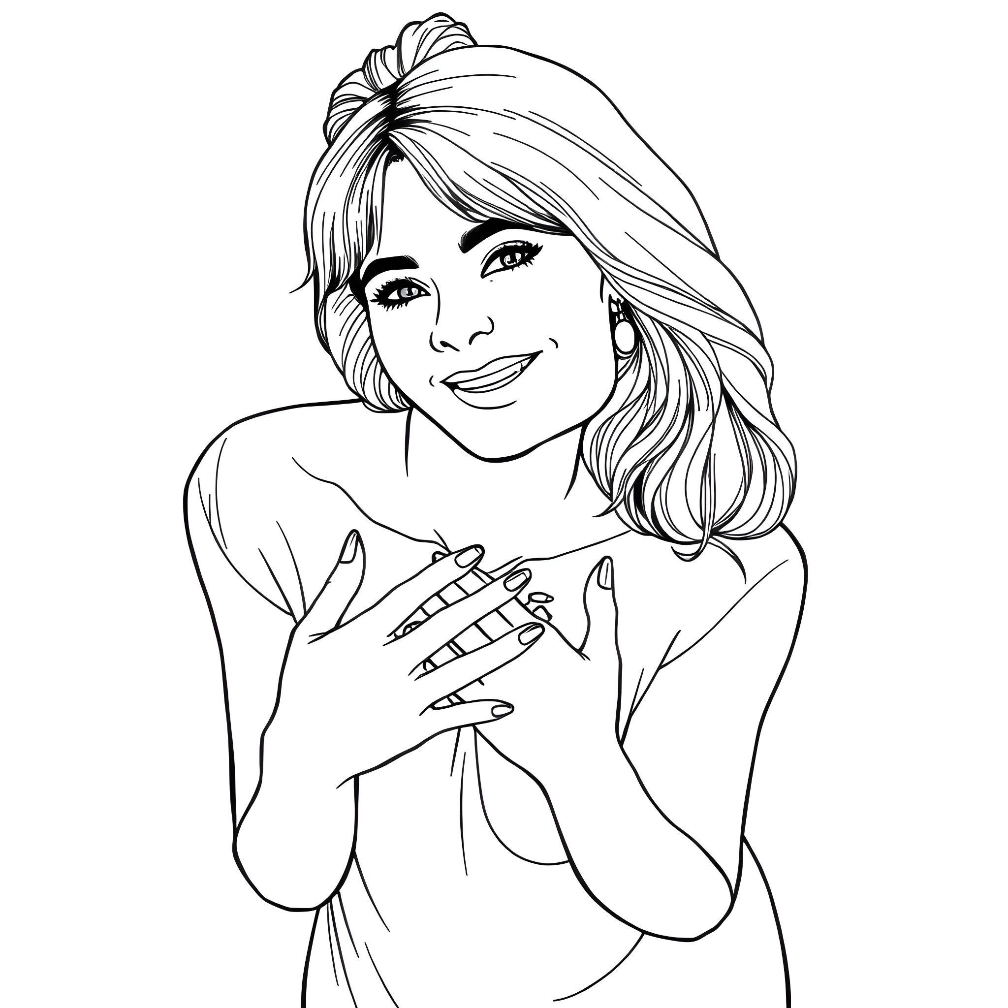 Woman with bright smile and cheerful expression Coloring Page (free black-and-white line drawing printable PDF for all, from beginners to advanced learners, including children, teens, adults, and seniors)