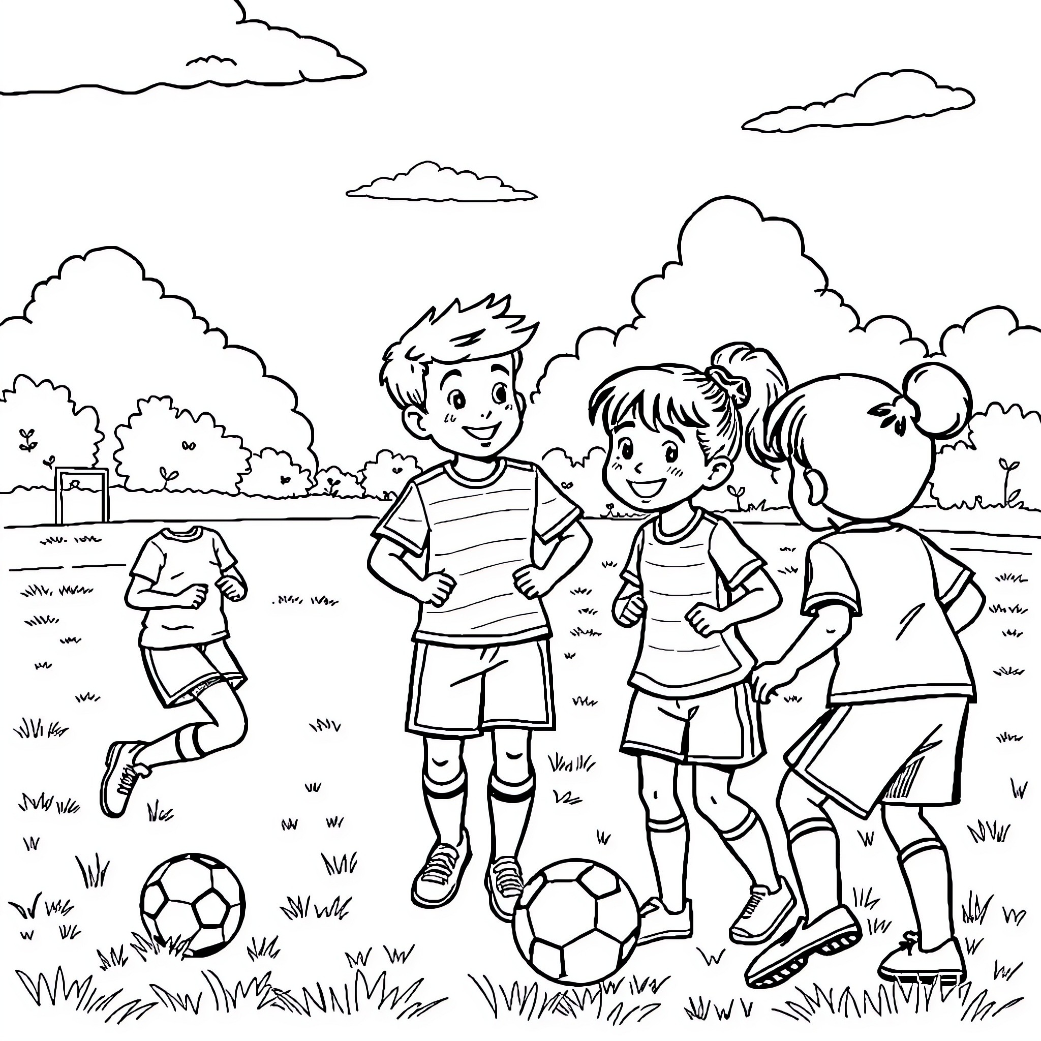 Gaby and Friends Playing Soccer Outdoors Coloring Page (free black-and-white line drawing printable PDF for all, from beginners to advanced learners, including children, teens, adults, and seniors)