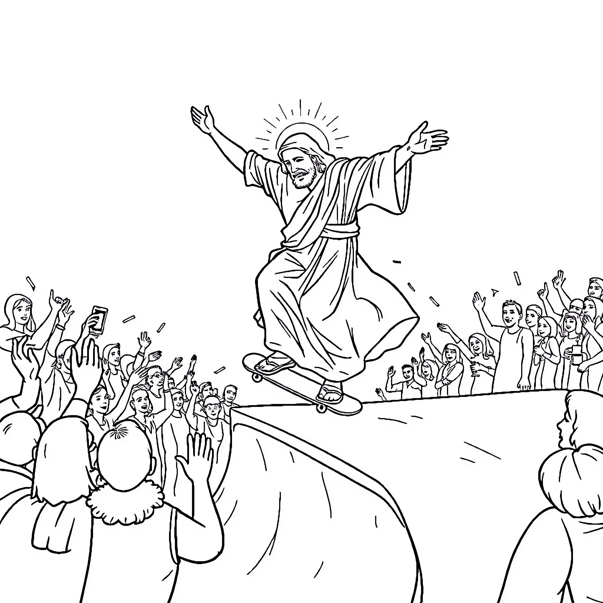 Jesus preaching to a crowd with joy and enthusiasm Coloring Page (free black-and-white line drawing printable PDF for all, from beginners to advanced learners, including children, teens, adults, and seniors)
