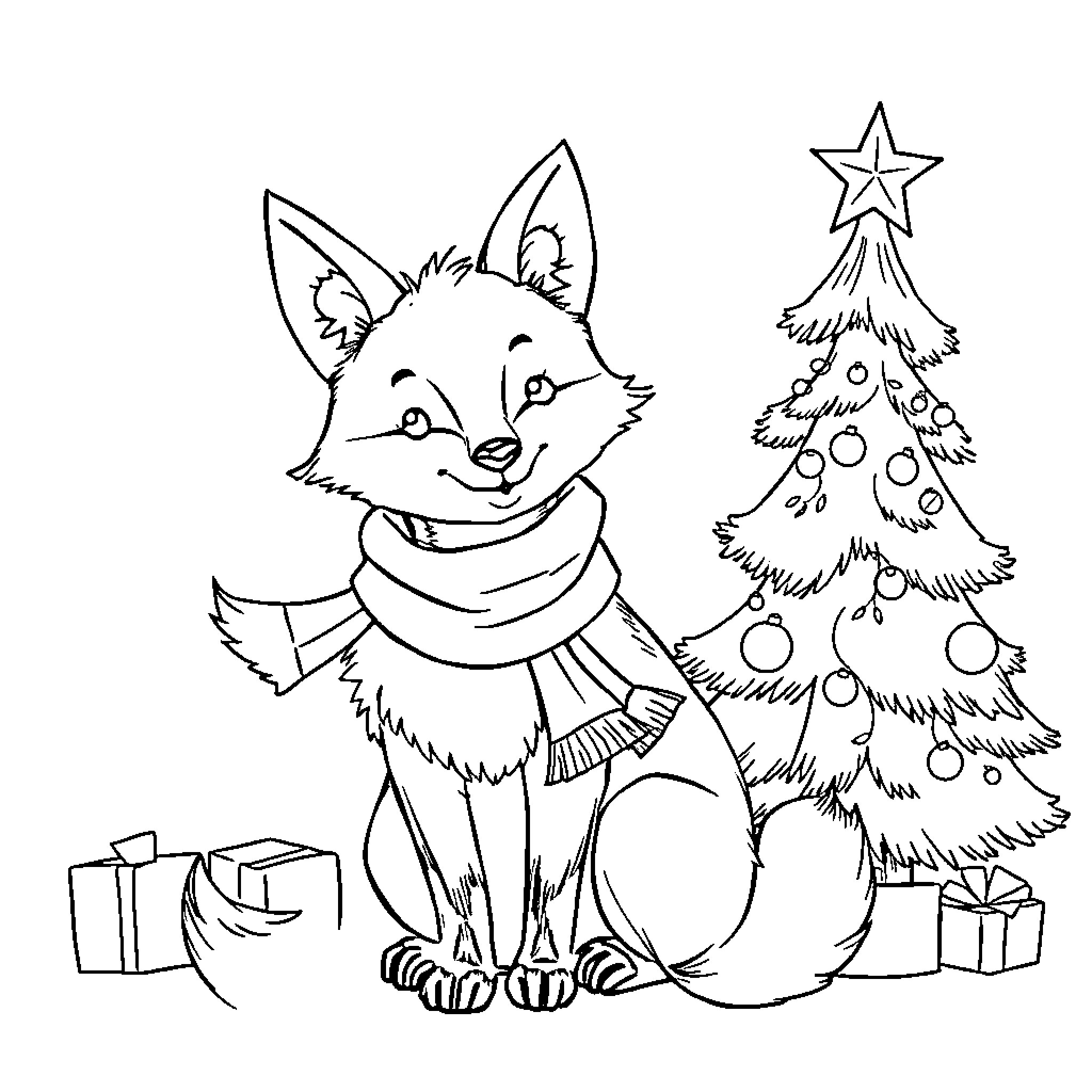 Fox celebrating Christmas near decorated tree Coloring Page (free black-and-white line drawing printable PDF for all, from beginners to advanced learners, including children, teens, adults, and seniors)