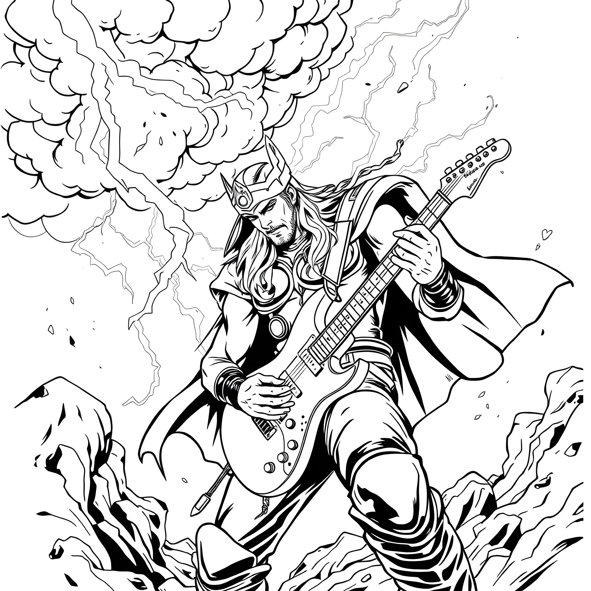Thor Rocking Out with Lightning and Storm Coloring Page (free black-and-white line drawing printable PDF for all, from beginners to advanced learners, including children, teens, adults, and seniors)