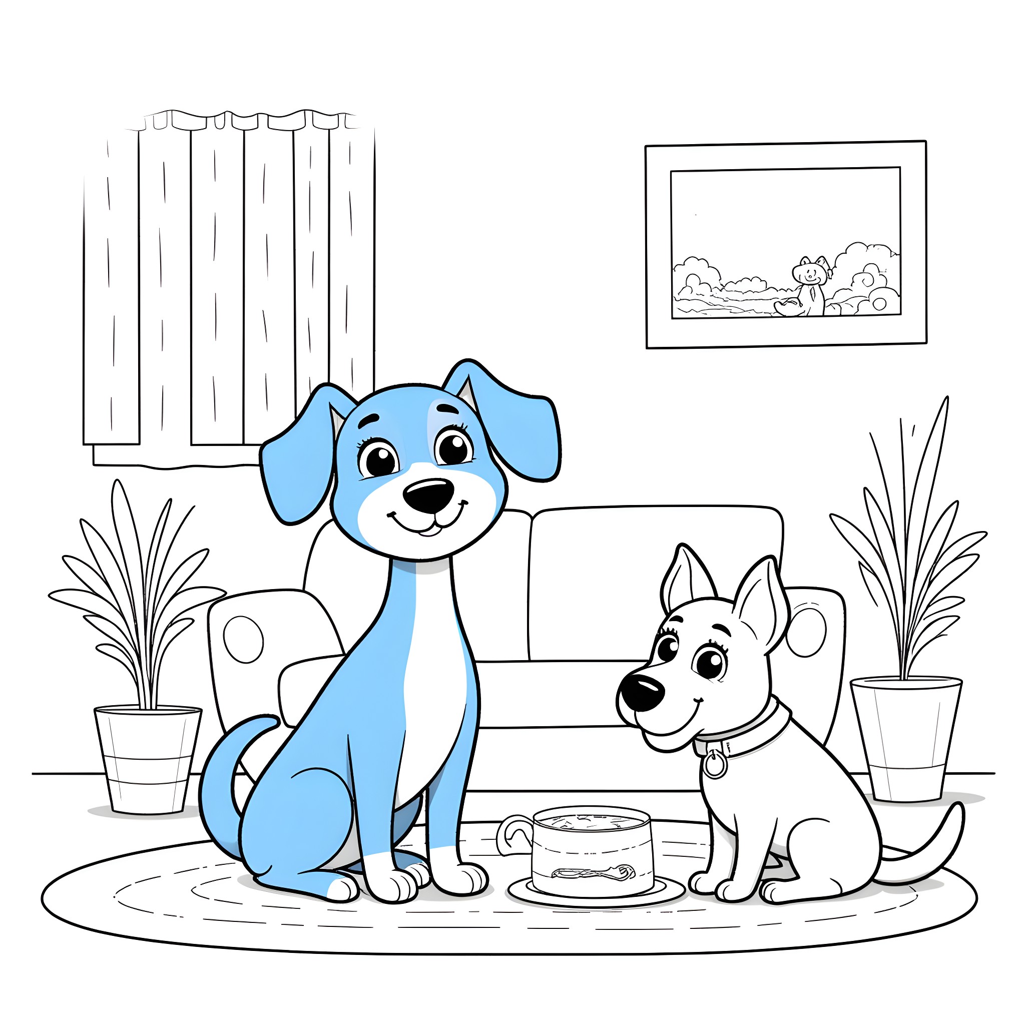 Bluey and Friends Enjoy a Cozy Indoor Scene Coloring Page (free black-and-white line drawing printable PDF for all, from beginners to advanced learners, including children, teens, adults, and seniors)