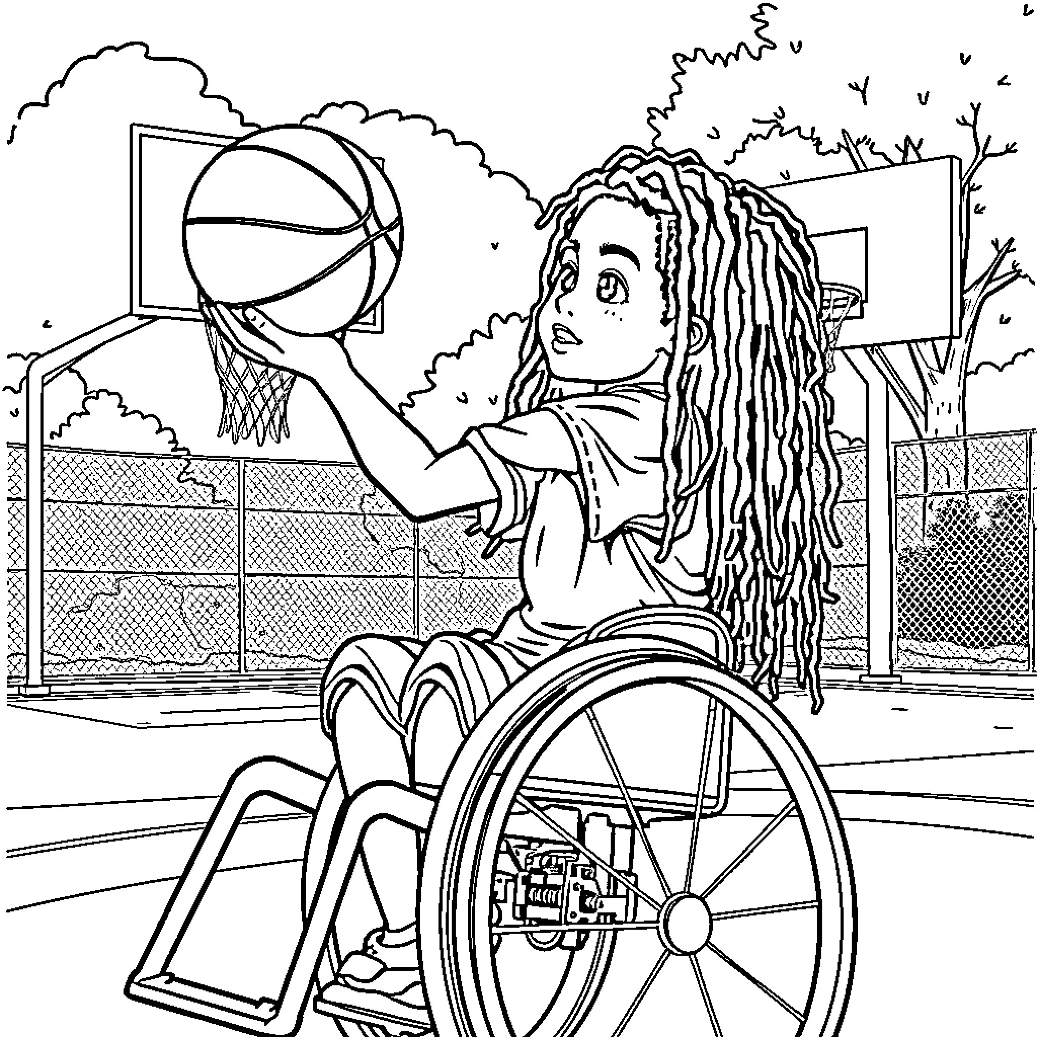 Boy in wheelchair playing basketball outdoors Coloring Page (free black-and-white line drawing printable PDF for all, from beginners to advanced learners, including children, teens, adults, and seniors)