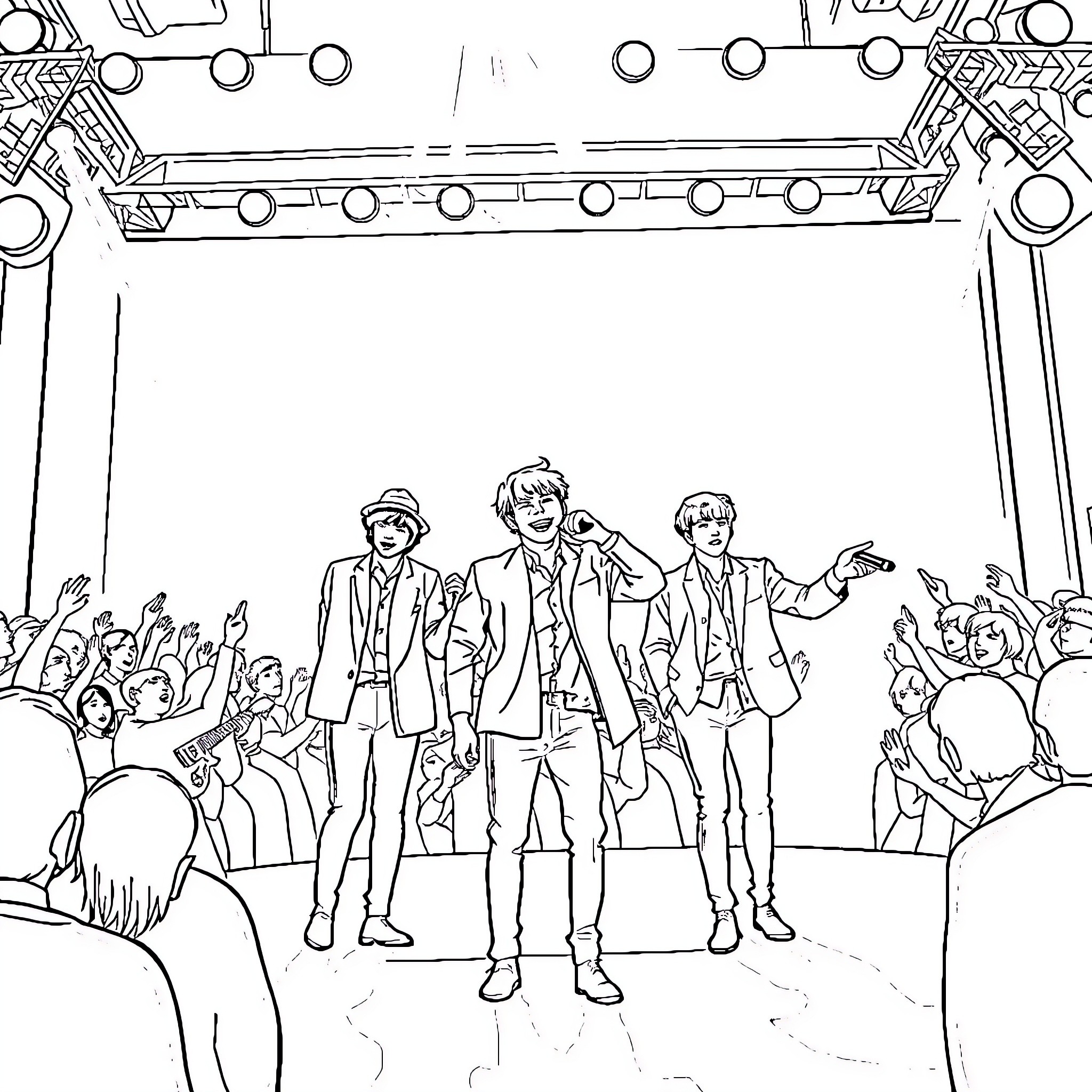 BTS Performing on Stage with Energetic Crowd Coloring Page (free black-and-white line drawing printable PDF for all, from beginners to advanced learners, including children, teens, adults, and seniors)
