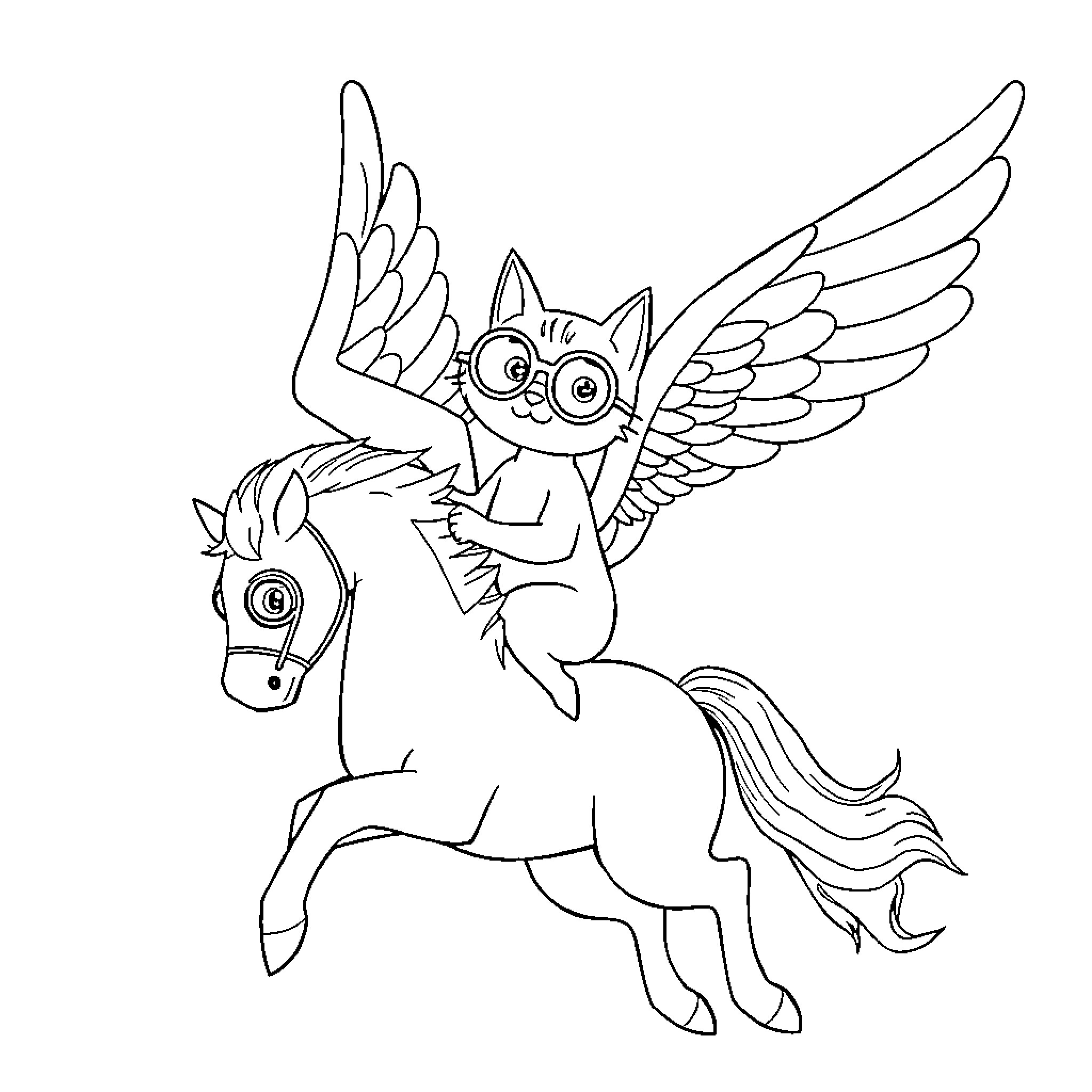 Cat riding a magical winged horse Coloring Page (free black-and-white line drawing printable PDF for all, from beginners to advanced learners, including children, teens, adults, and seniors)