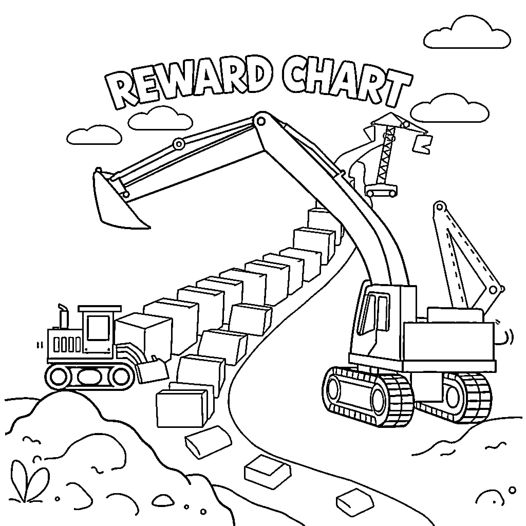 Excavator at construction site with reward chart Coloring Page (free black-and-white line drawing printable PDF for all, from beginners to advanced learners, including children, teens, adults, and seniors)