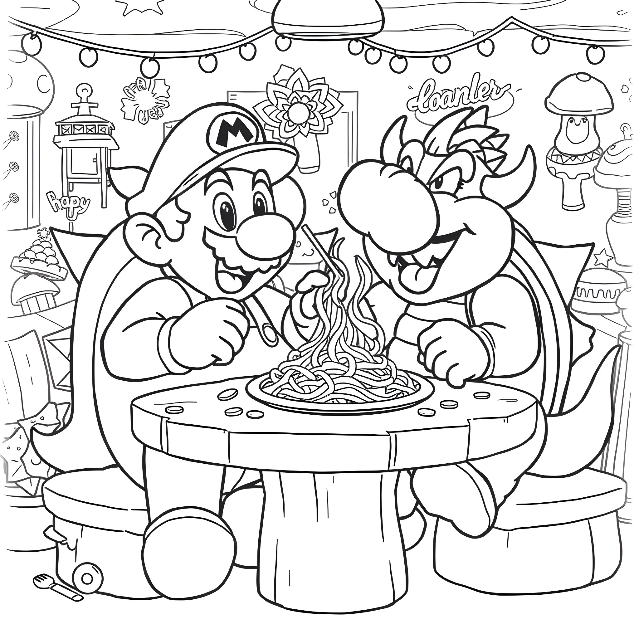 Mario and Luigi Enjoying Spaghetti at the Party Coloring Page (free black-and-white line drawing printable PDF for all, from beginners to advanced learners, including children, teens, adults, and seniors)