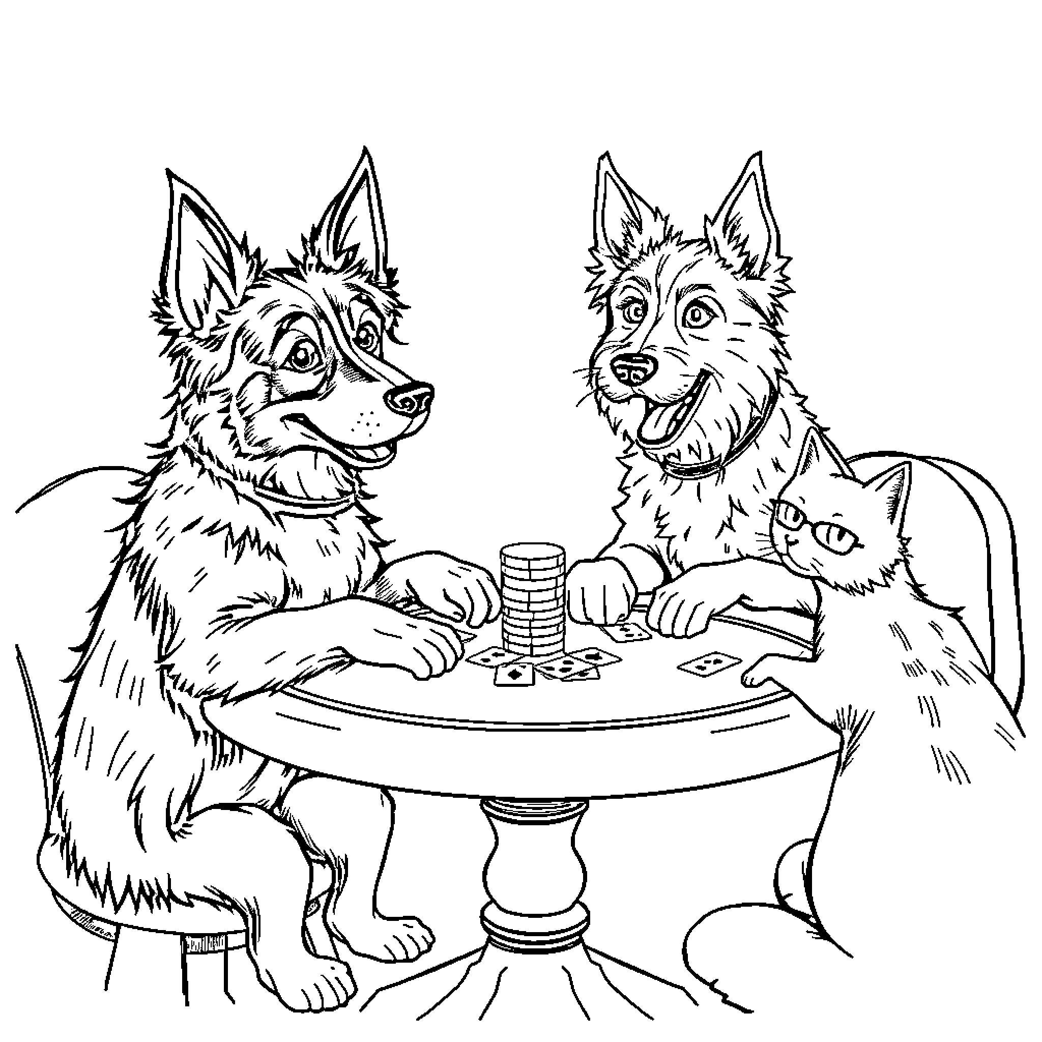 Heeler dogs playing card game together Coloring Page (free black-and-white line drawing printable PDF for all, from beginners to advanced learners, including children, teens, adults, and seniors)