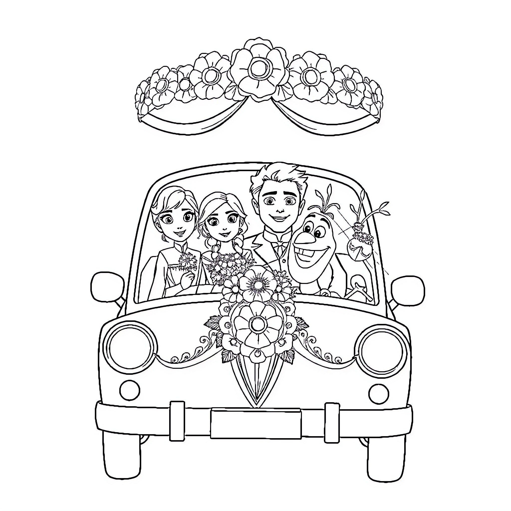 Frozen Newlywed Couple in Flower-Adorned Vintage Car Coloring Page (free black-and-white line drawing printable PDF for all, from beginners to advanced learners, including children, teens, adults, and seniors)