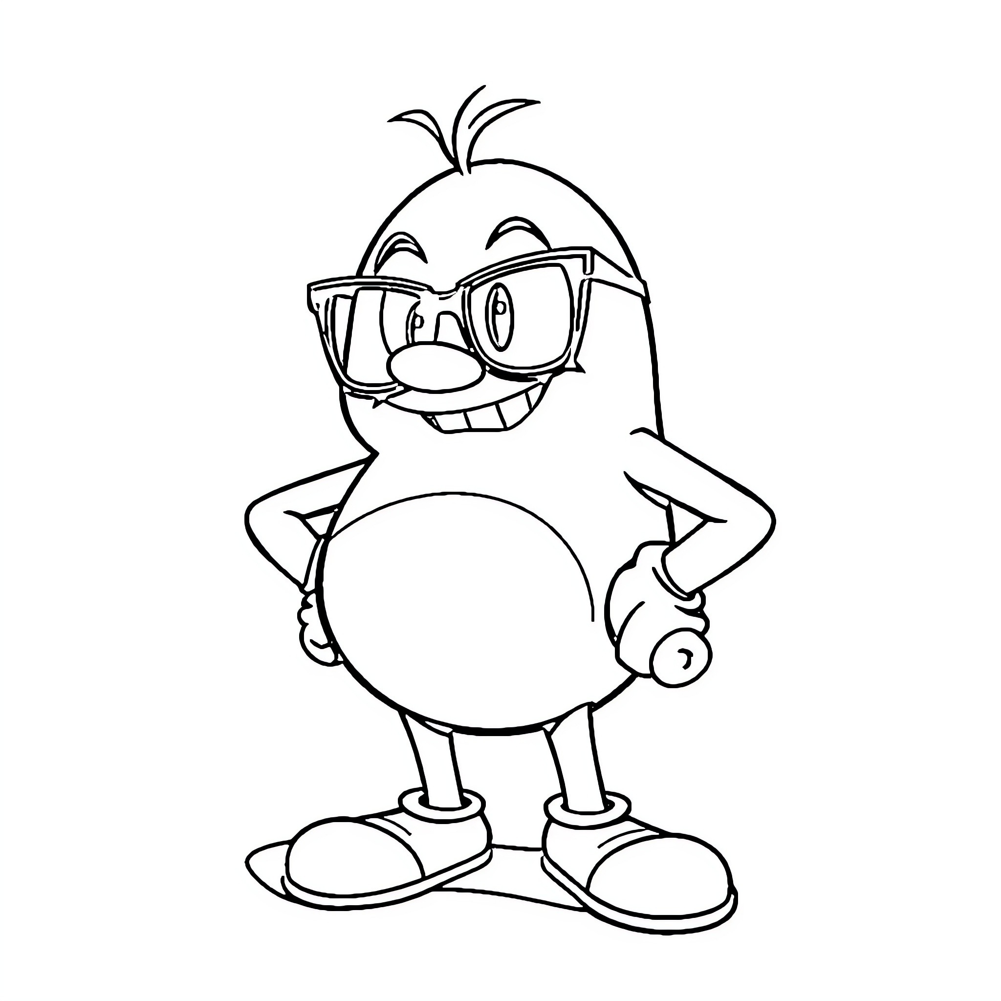 Eggman Character Smiling and Wearing Glasses Coloring Page (free black-and-white line drawing printable PDF for all, from beginners to advanced learners, including children, teens, adults, and seniors)