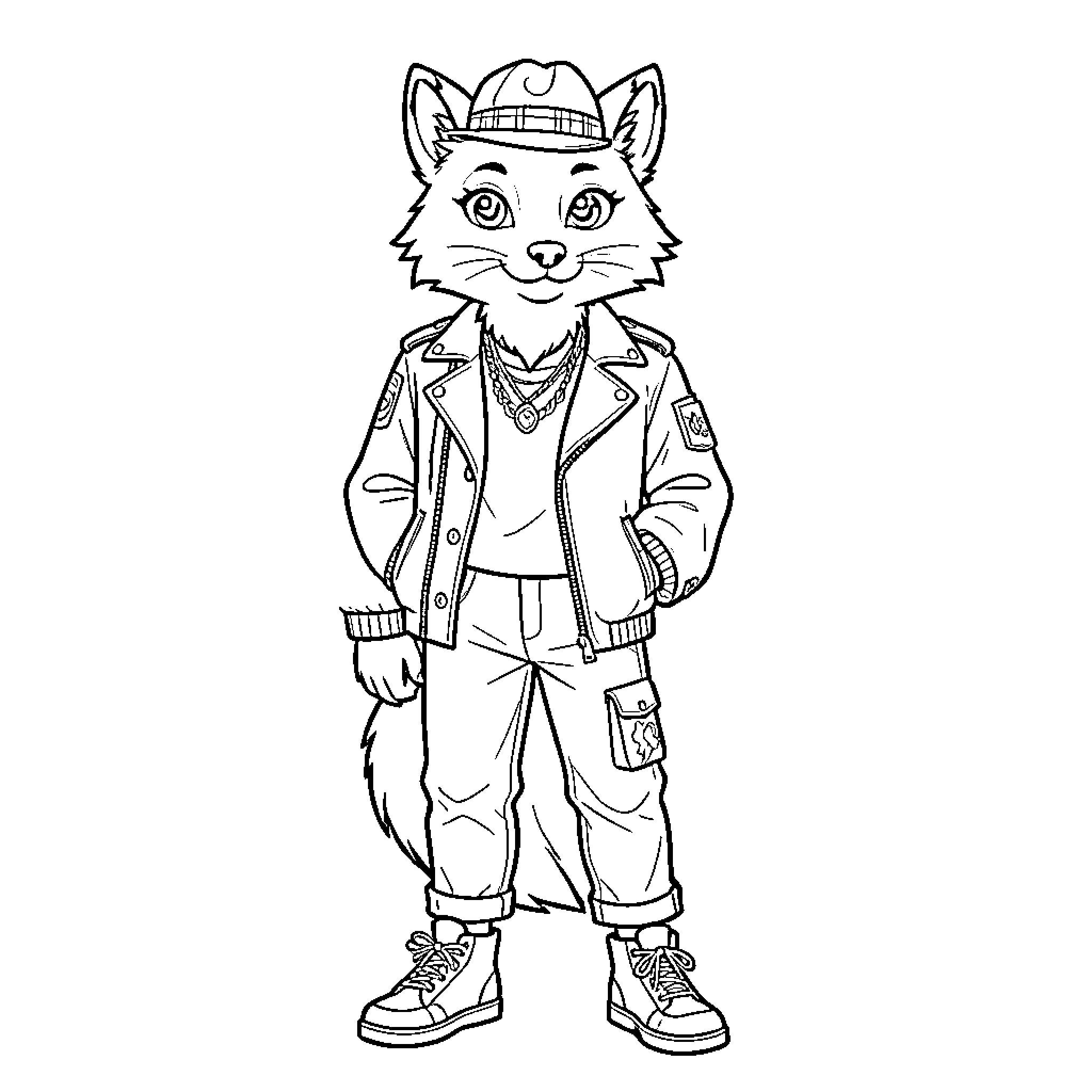 Anthro Fox Explorer in Uniform Coloring Page (free black-and-white line drawing printable PDF for all, from beginners to advanced learners, including children, teens, adults, and seniors)