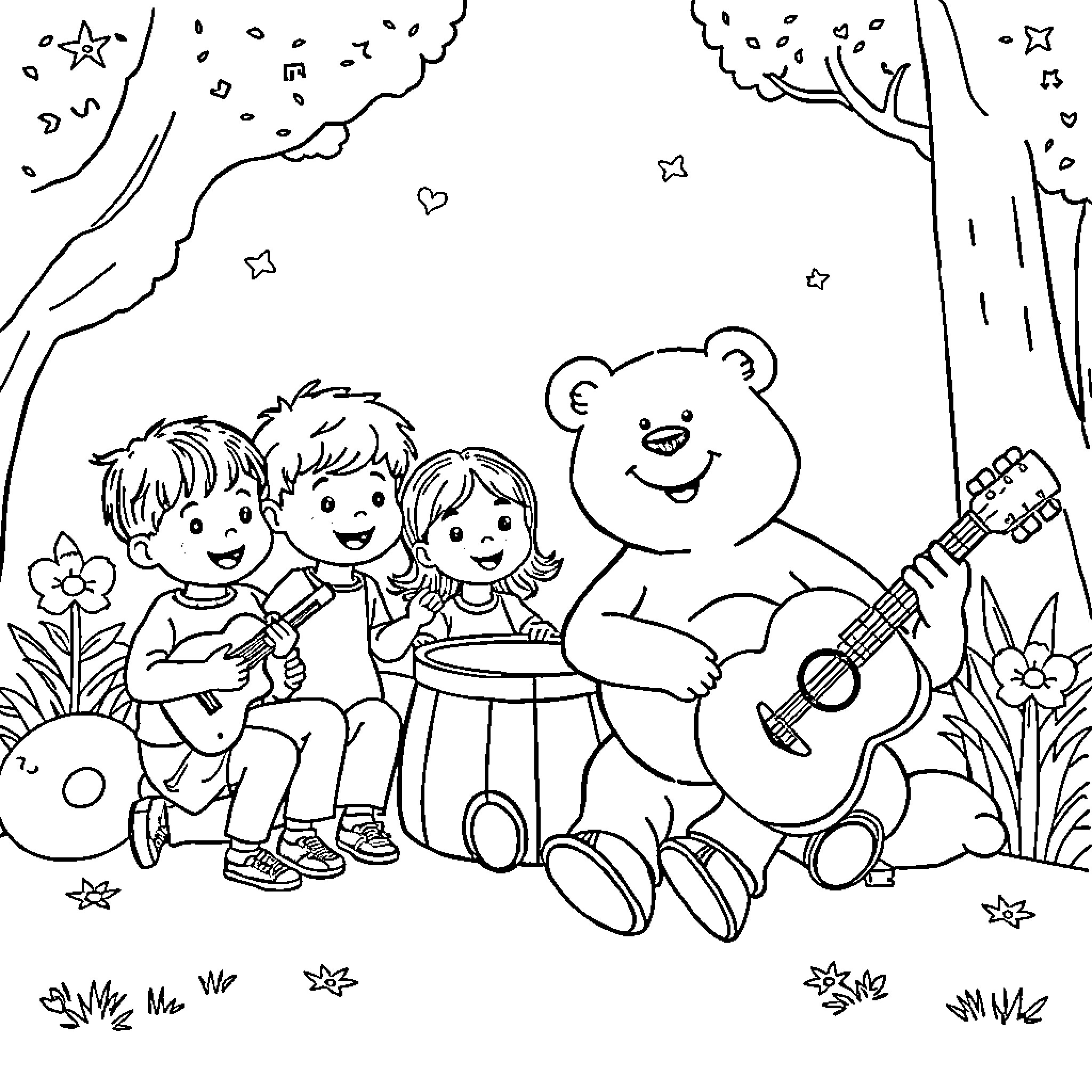 Kid friends having musical fun in nature Coloring Page (free black-and-white line drawing printable PDF for all, from beginners to advanced learners, including children, teens, adults, and seniors)