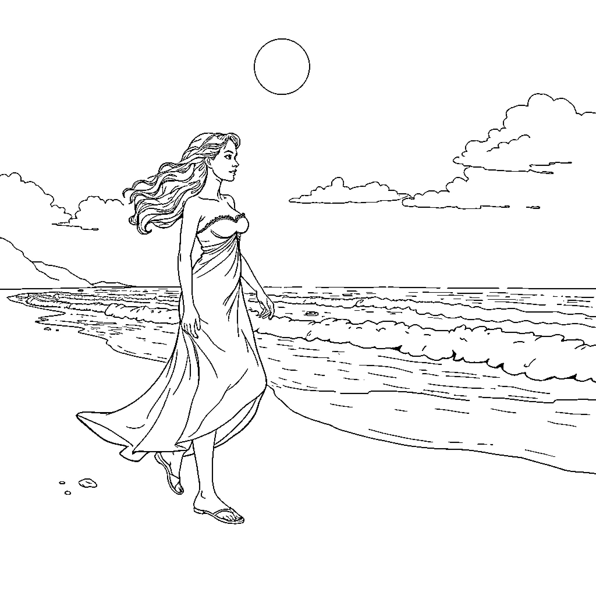 Cinderella walking along the beach at sunset Coloring Page (free black-and-white line drawing printable PDF for all, from beginners to advanced learners, including children, teens, adults, and seniors)