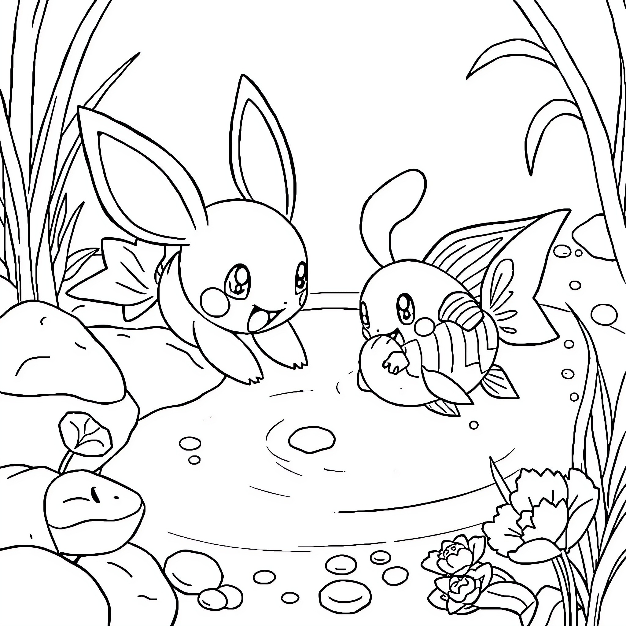 Pokémon Enjoying a Peaceful Underwater Scene Coloring Page (free black-and-white line drawing printable PDF for all, from beginners to advanced learners, including children, teens, adults, and seniors)