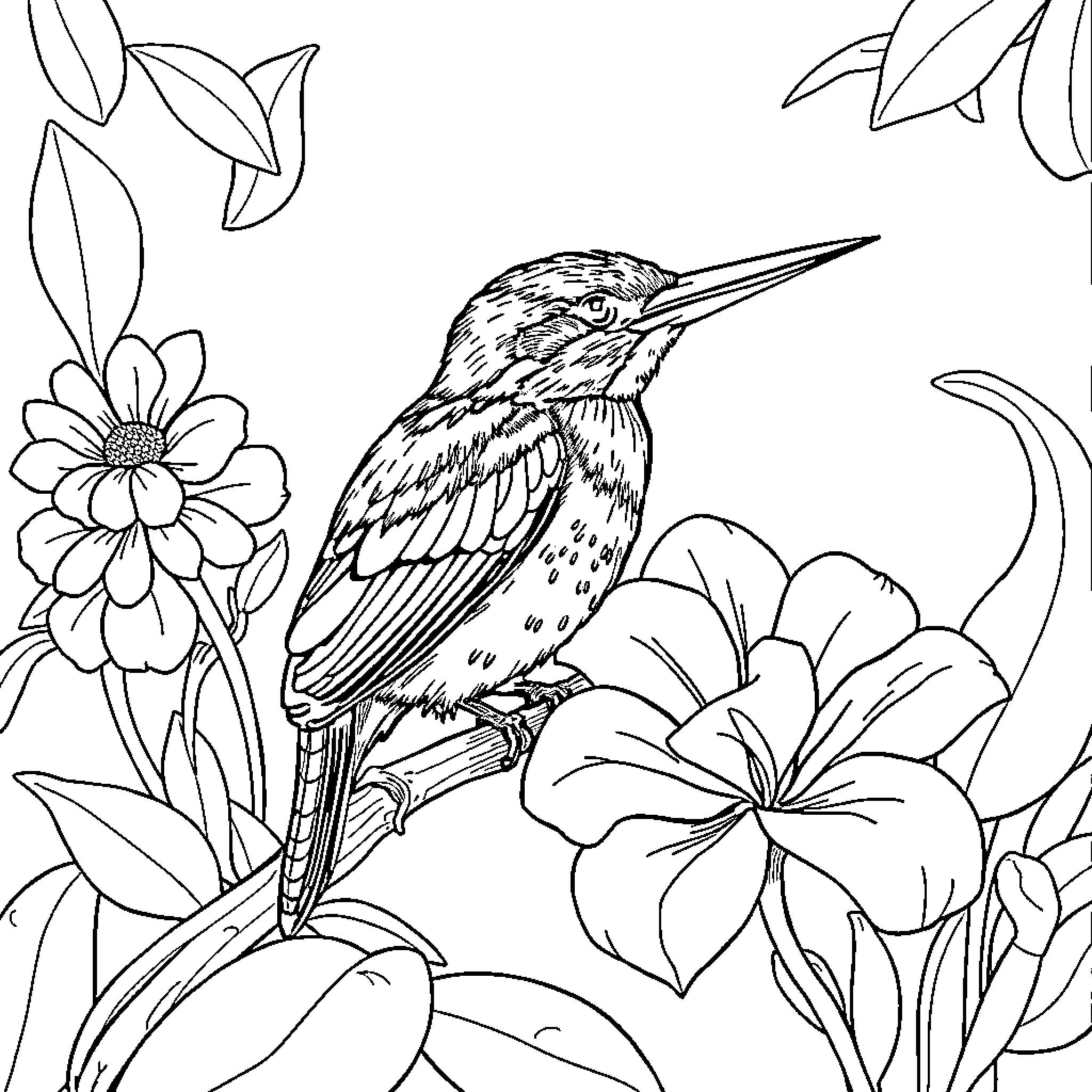 Kingfisher perched amidst vibrant flowers Coloring Page (free black-and-white line drawing printable PDF for all, from beginners to advanced learners, including children, teens, adults, and seniors)